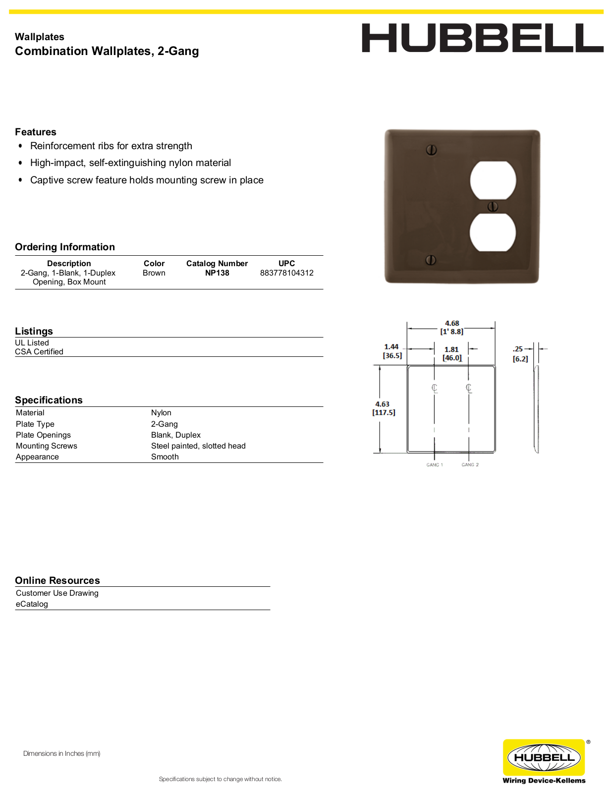 Hubbell NP138 Specifications