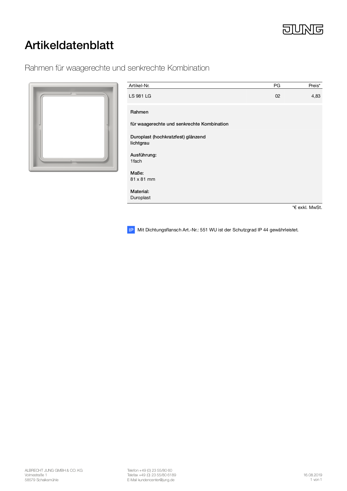 Jung LS 981 LG Technical data