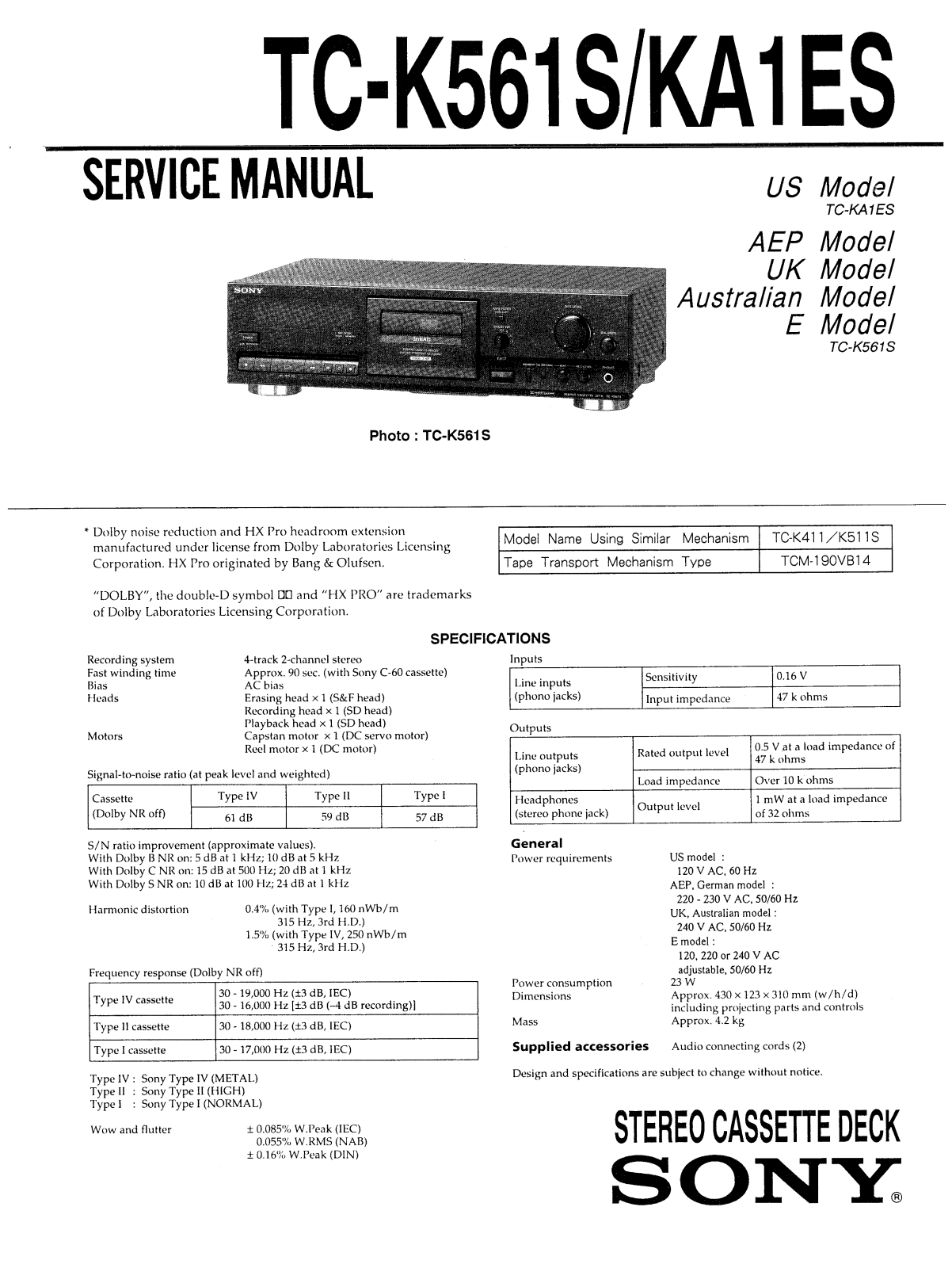 Sony TCK-561-S, TCKA-1-ES Service manual