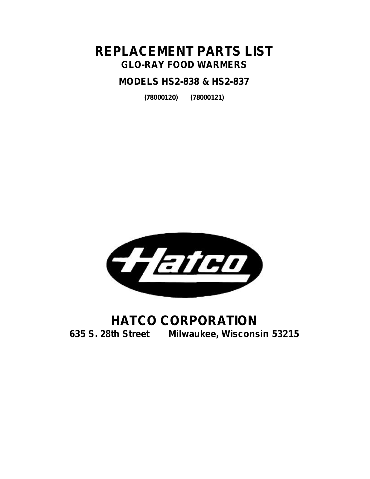 Hatco HS2-838, HS2-837 Part Manual