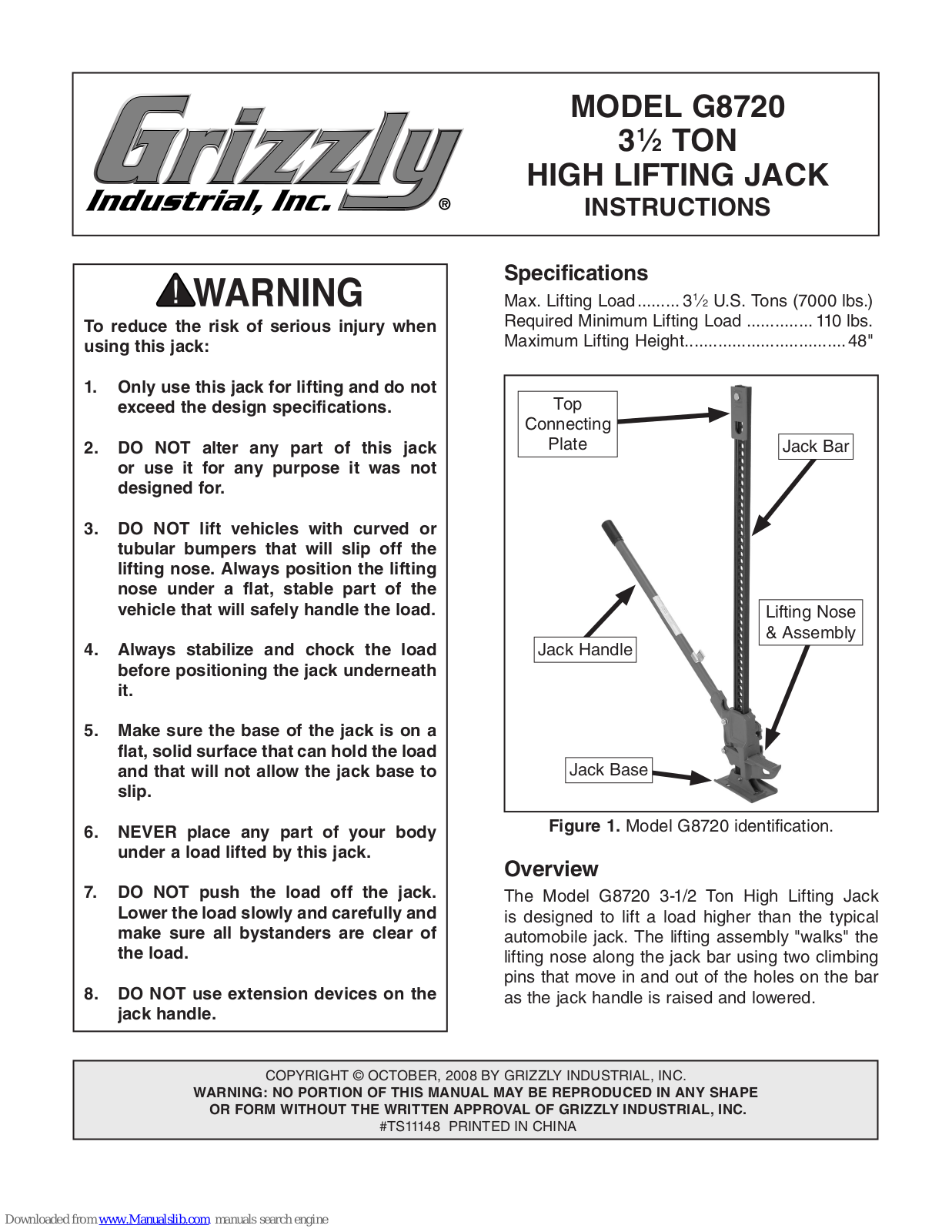 Grizzly 3 1/2 Ton High Lifting Jack G8720 Instruction Manual