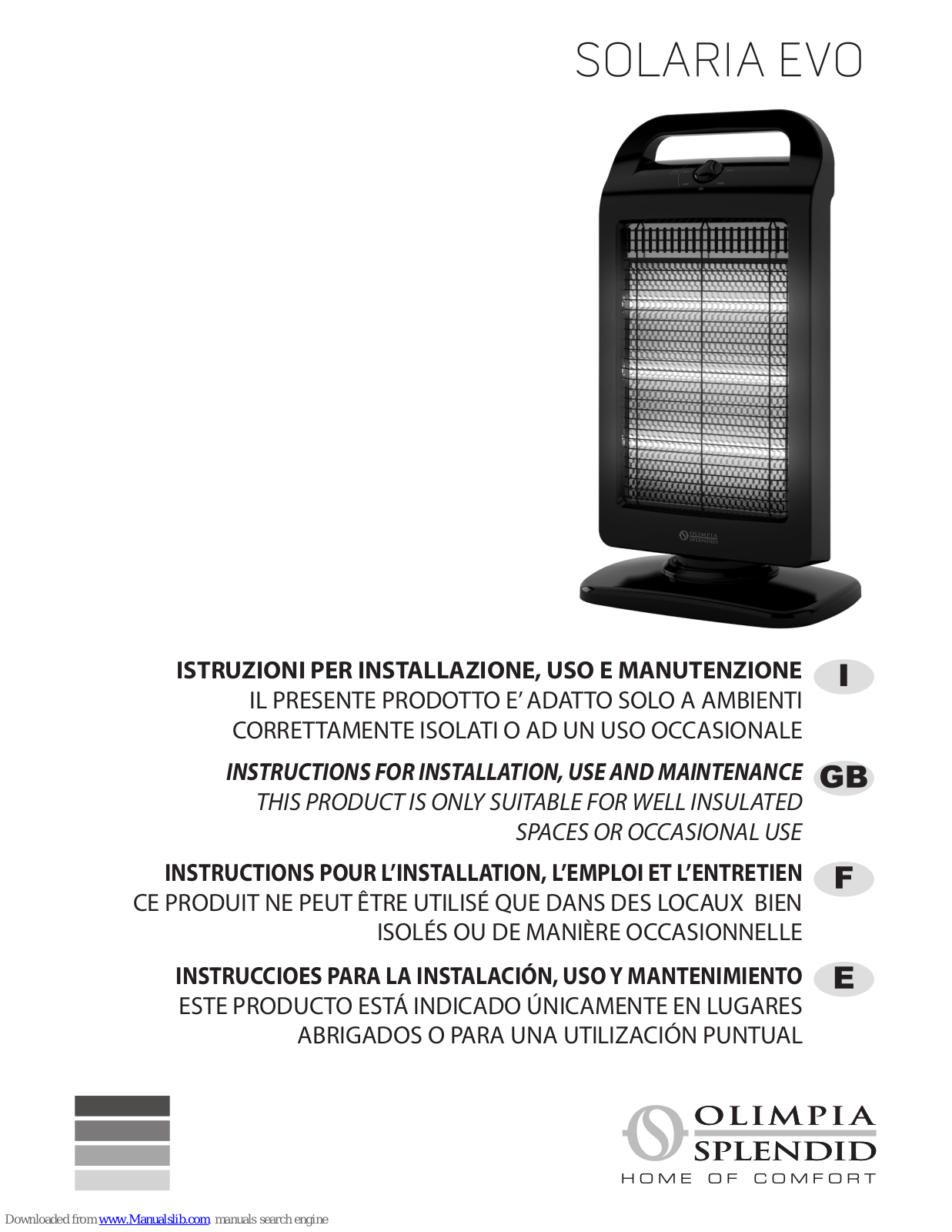 Olimpia splendid SOLARIA EVO, CALDO HALOGEN 4, SOLARIA CARBON, CARBON BLACK Maintenance Manual