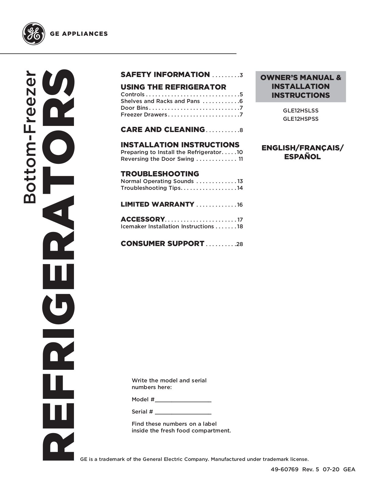 GE GLE12HSPSS Owner’s Manual & Installation Instructions