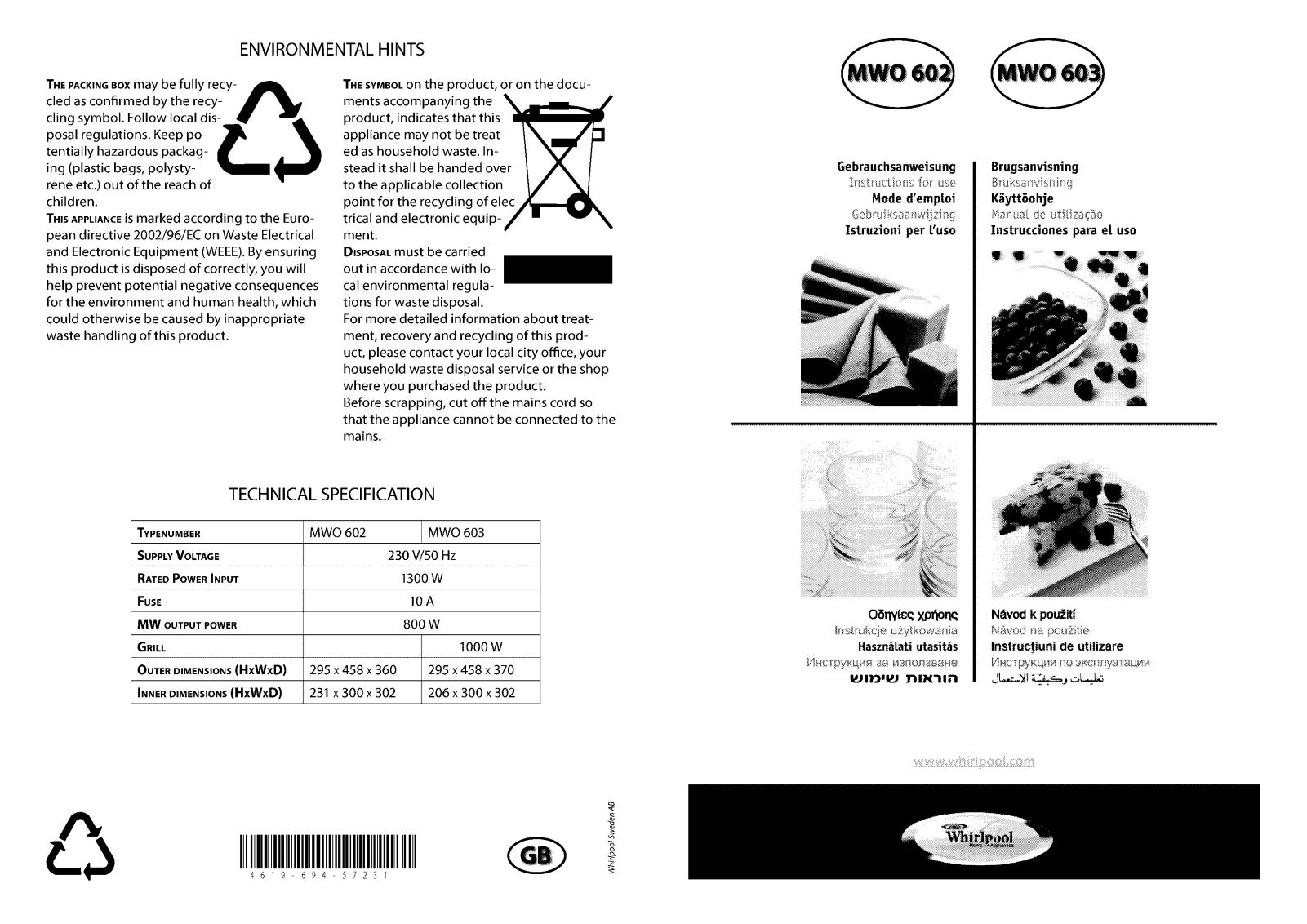 Whirlpool MWO 603/WH, MWO 602/WH INSTRUCTION FOR USE