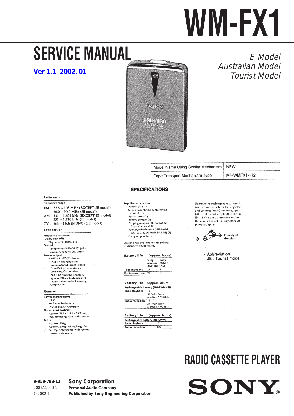 Sony WMFX-1 Service manual