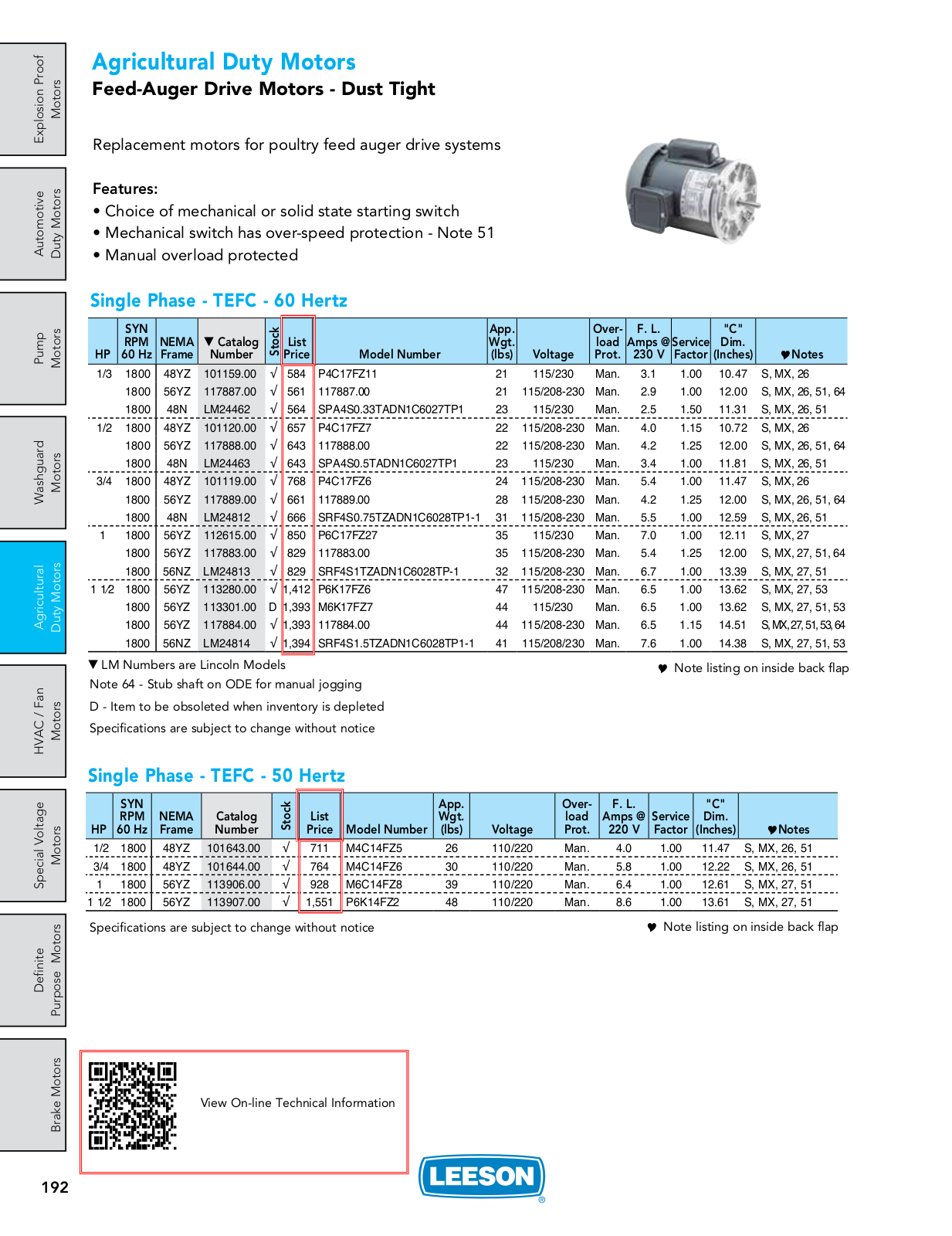 Leeson Agricultural Duty Motors Catalog Page