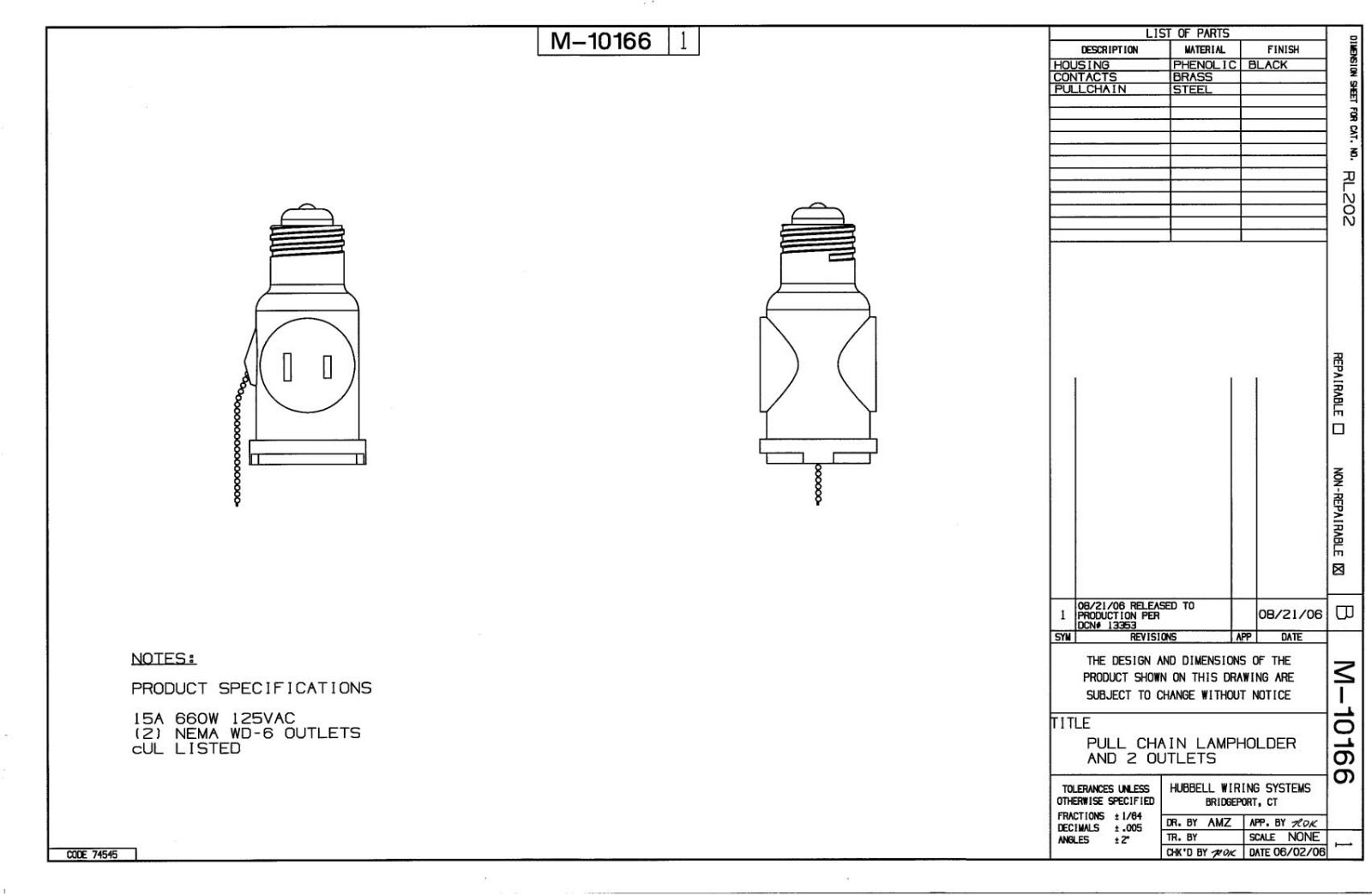 Hubbell RL202 Reference Drawing