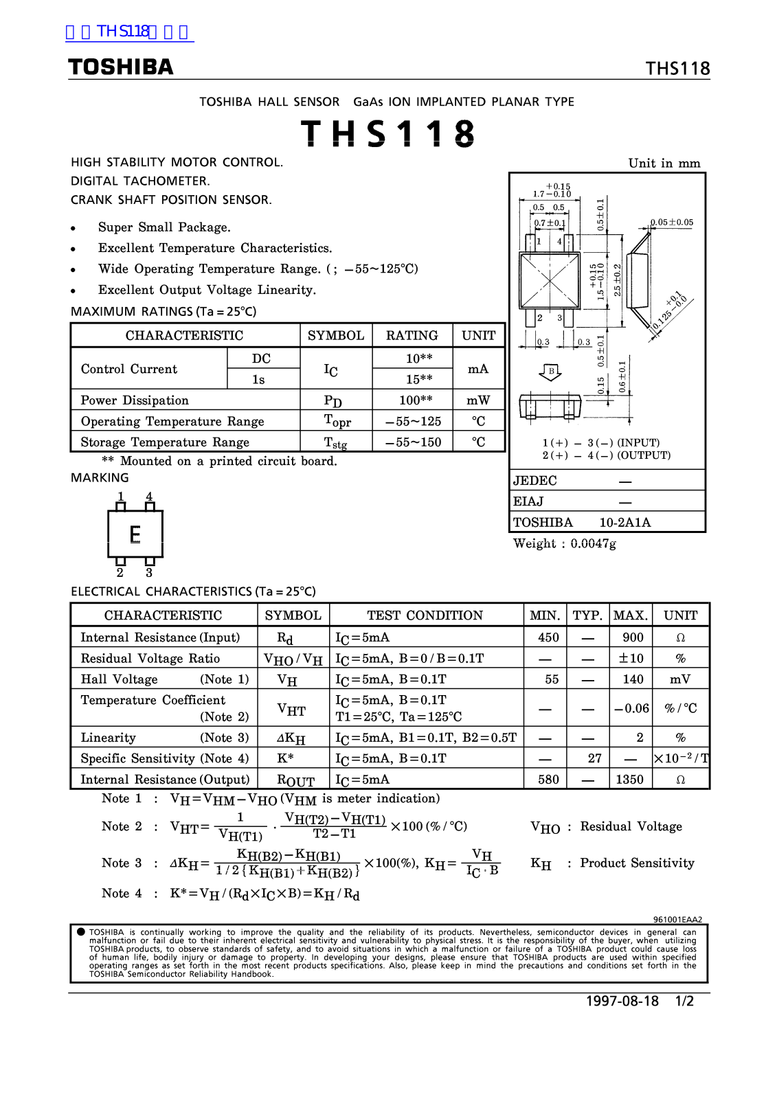 TOSHIBA HS118 Technical data