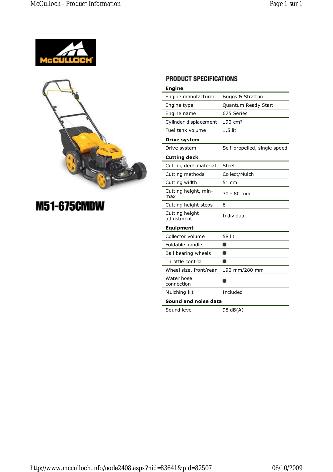 Mc culloch M51-675CMDW TECHNICAL SPECIFICATIONS