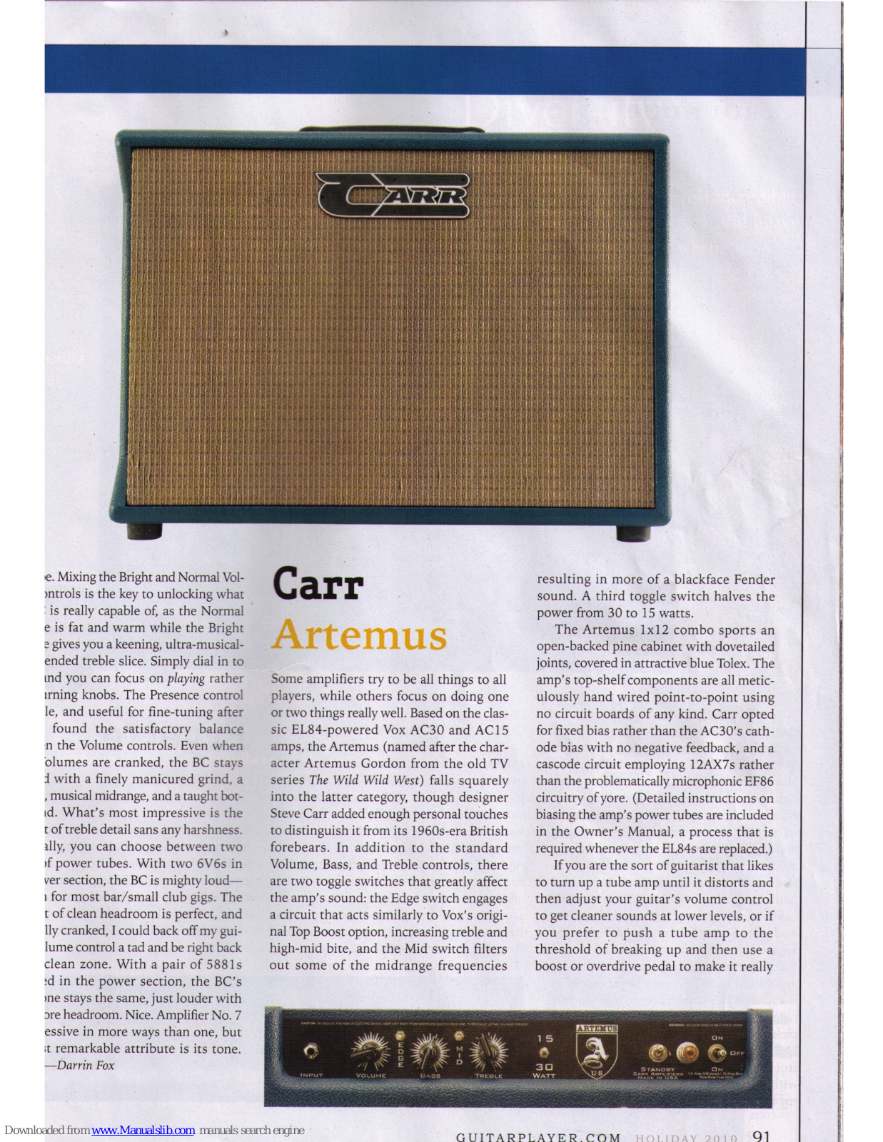 Carr Artemus Amp, Artemus Quick Manual