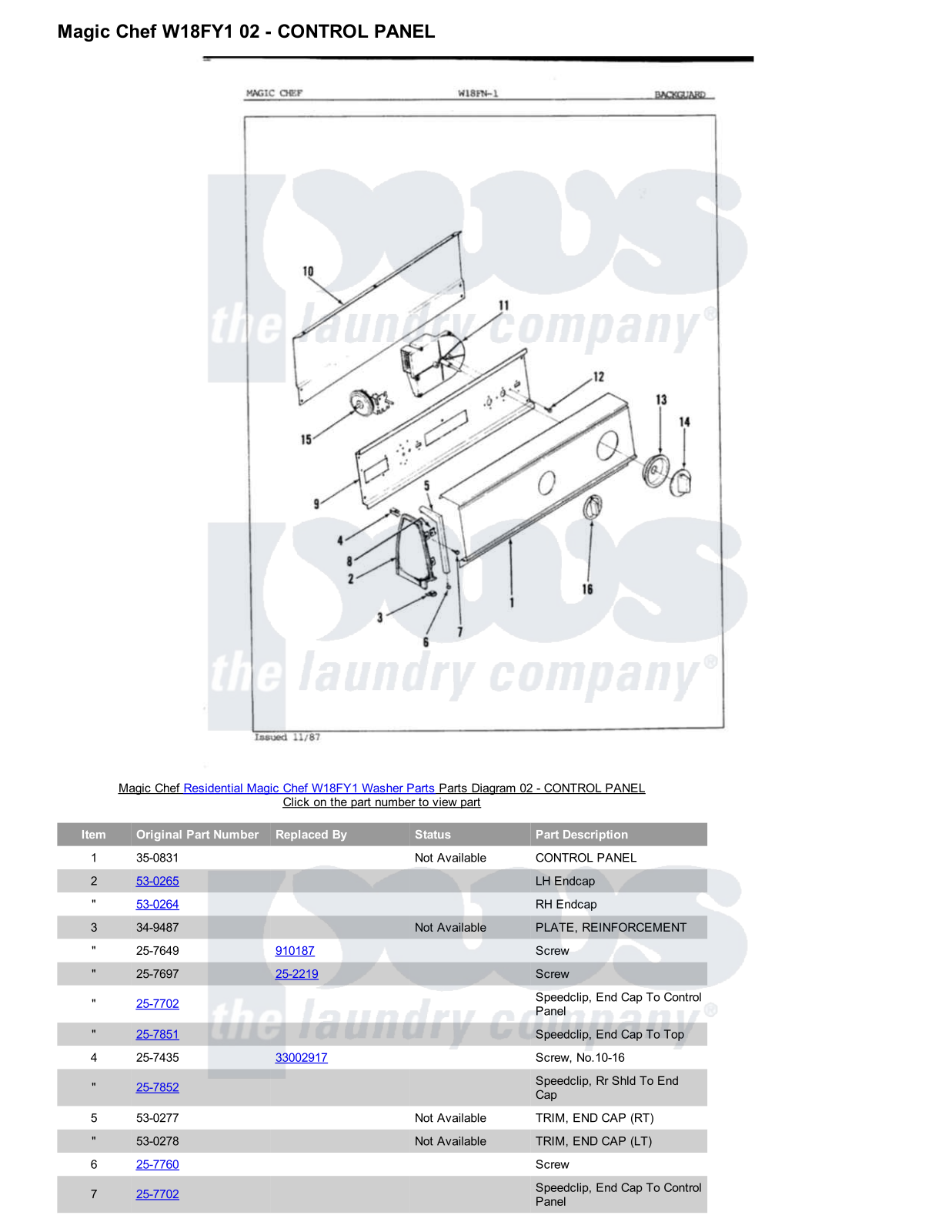 Magic Chef W18FY1 Parts Diagram