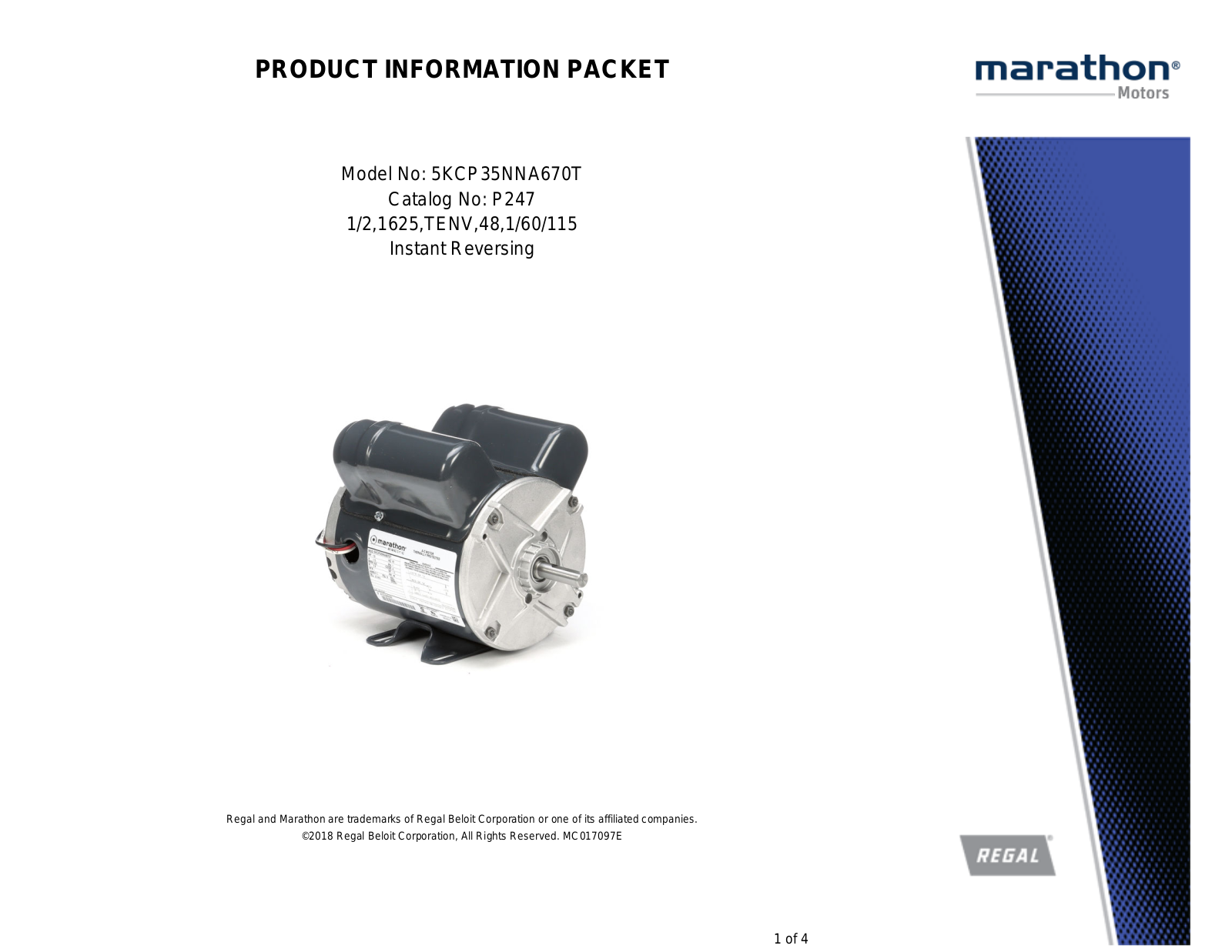 Marathon Electric 5KCP35NNA670T Product Information Packet