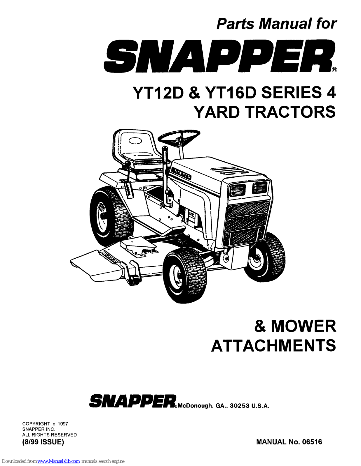 Snapper YT12D,YT16D Parts Manual