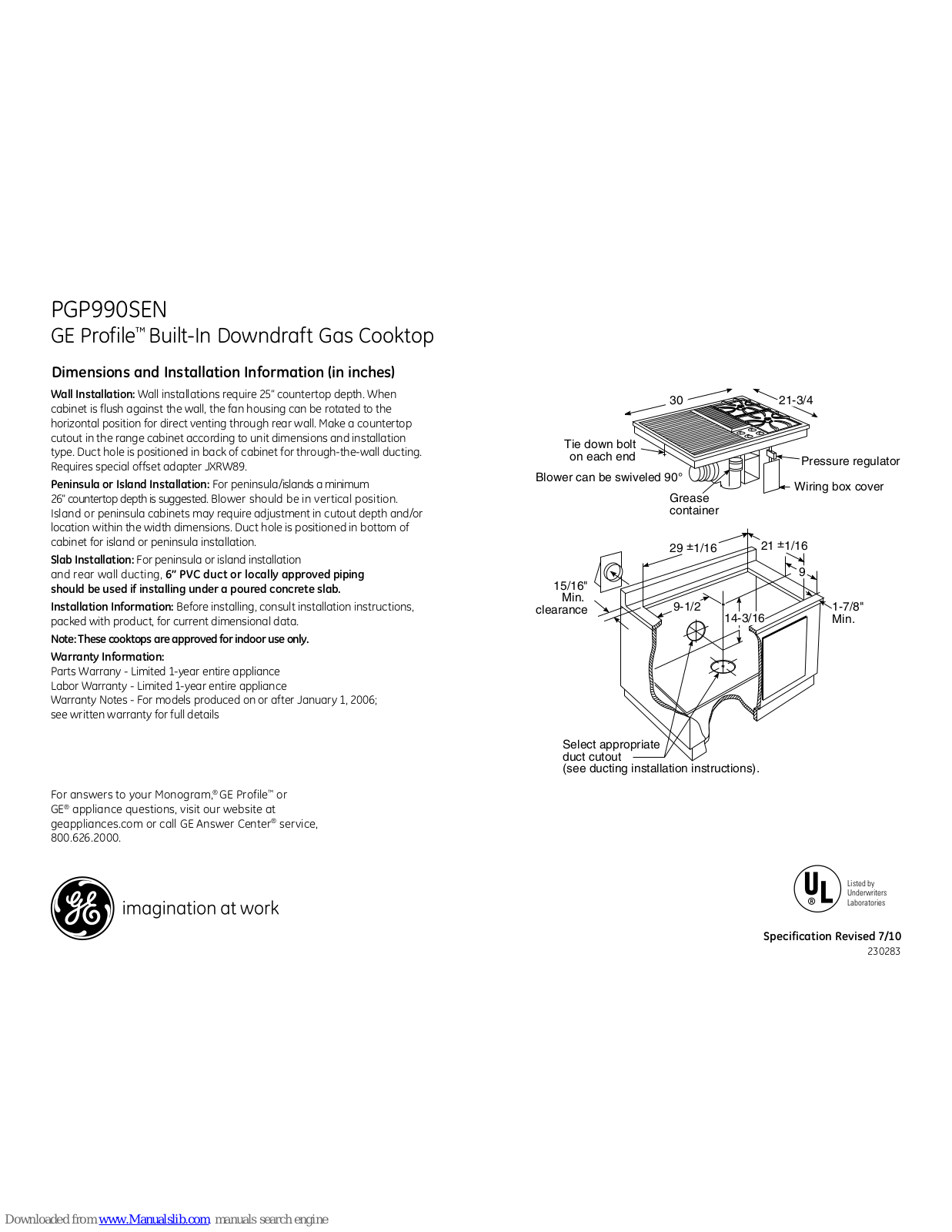 GE Profile PGP990SEN Dimensions And Installation Information