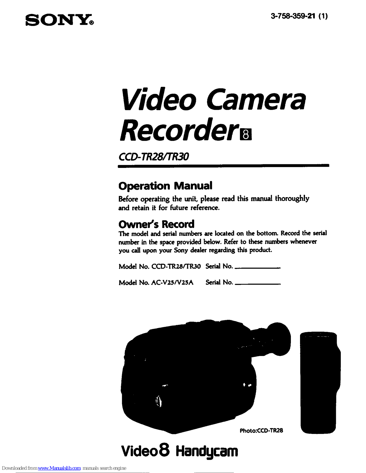 Sony Handycam CCD-TR28 Operation Manual