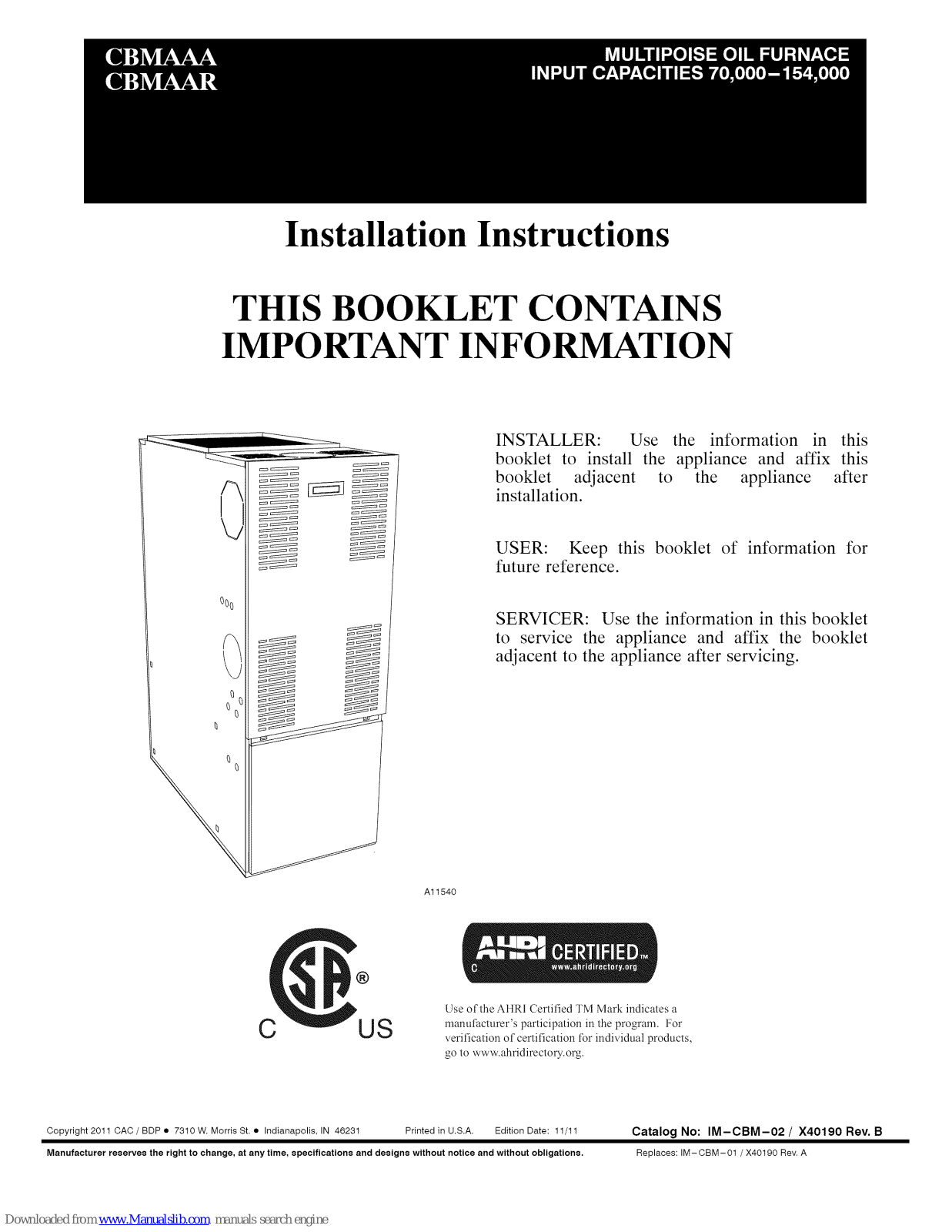 CAC / BDP CBMAAA, CMBAAR Installation Instructions Manual - ManualMachine.com