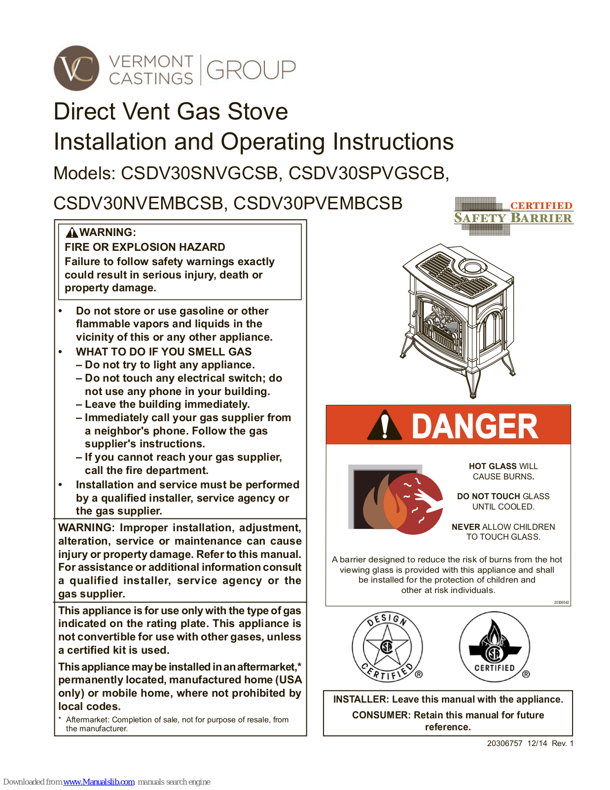 Vermont Castings CSDV30SNVGCSB, CSDV30NVEMBCSB, CSDV30SPVGSCB, CSDV30PVEMBCSB Installation And Operating Instructions Manual