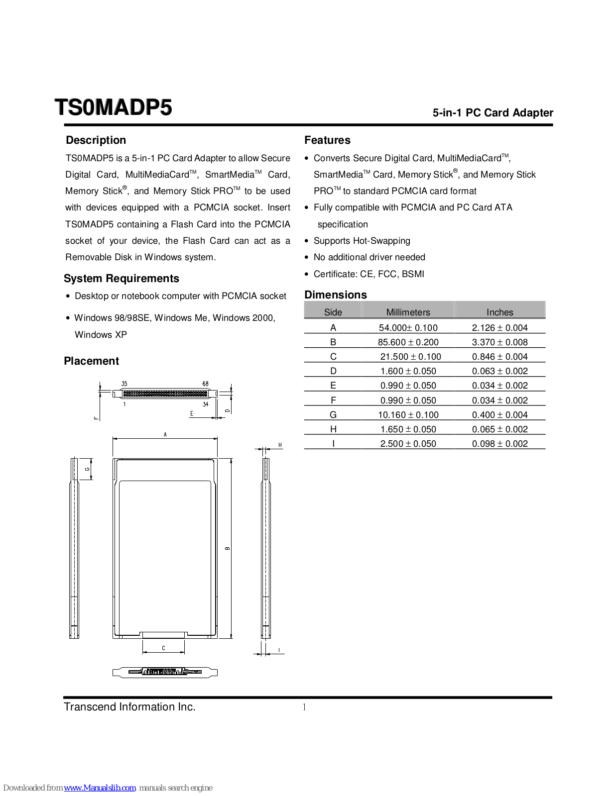 Transcend 5-in-1 PC Card Adapter TS0MADP5 Specification Sheet