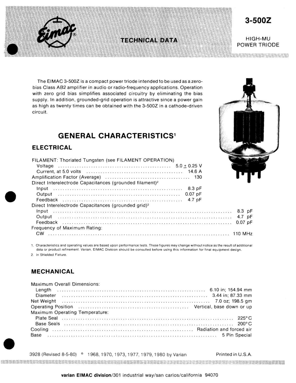 ELMAC 3-500Z DATA SHEETS