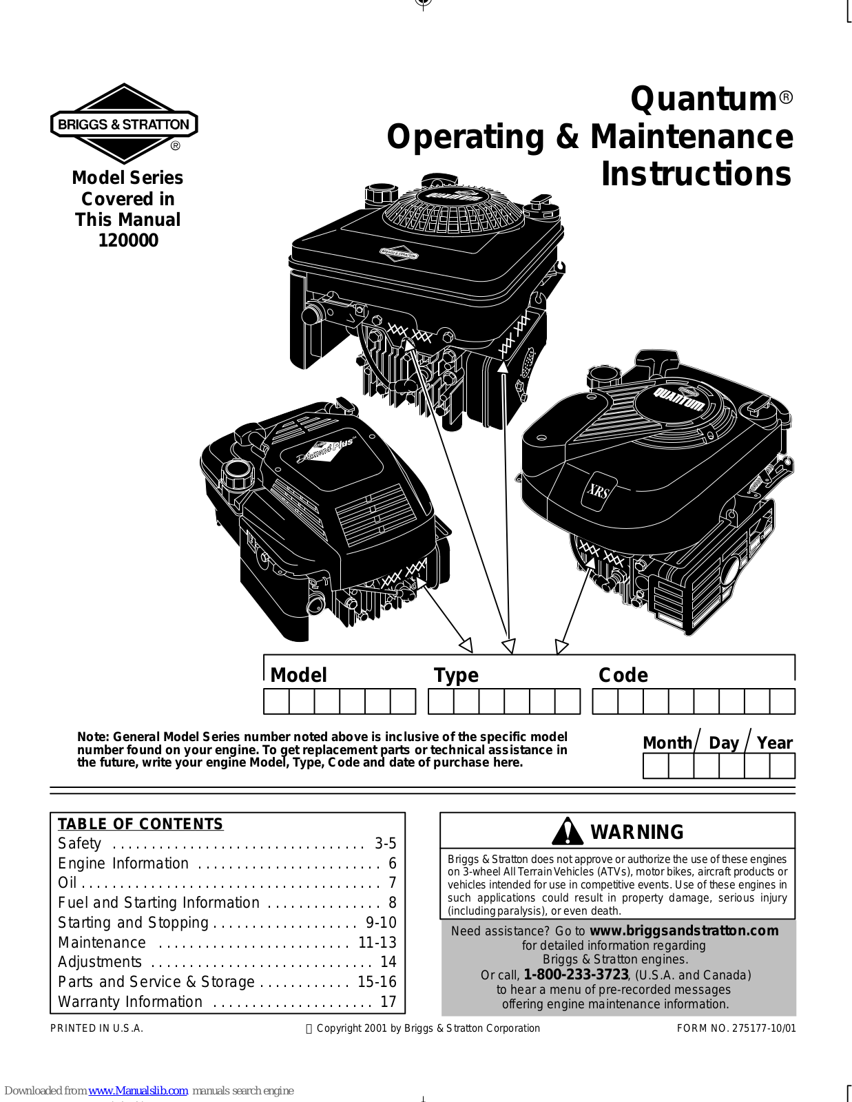 Briggs & Stratton Quantum 120000 Series Operating & Maintenance Instructions