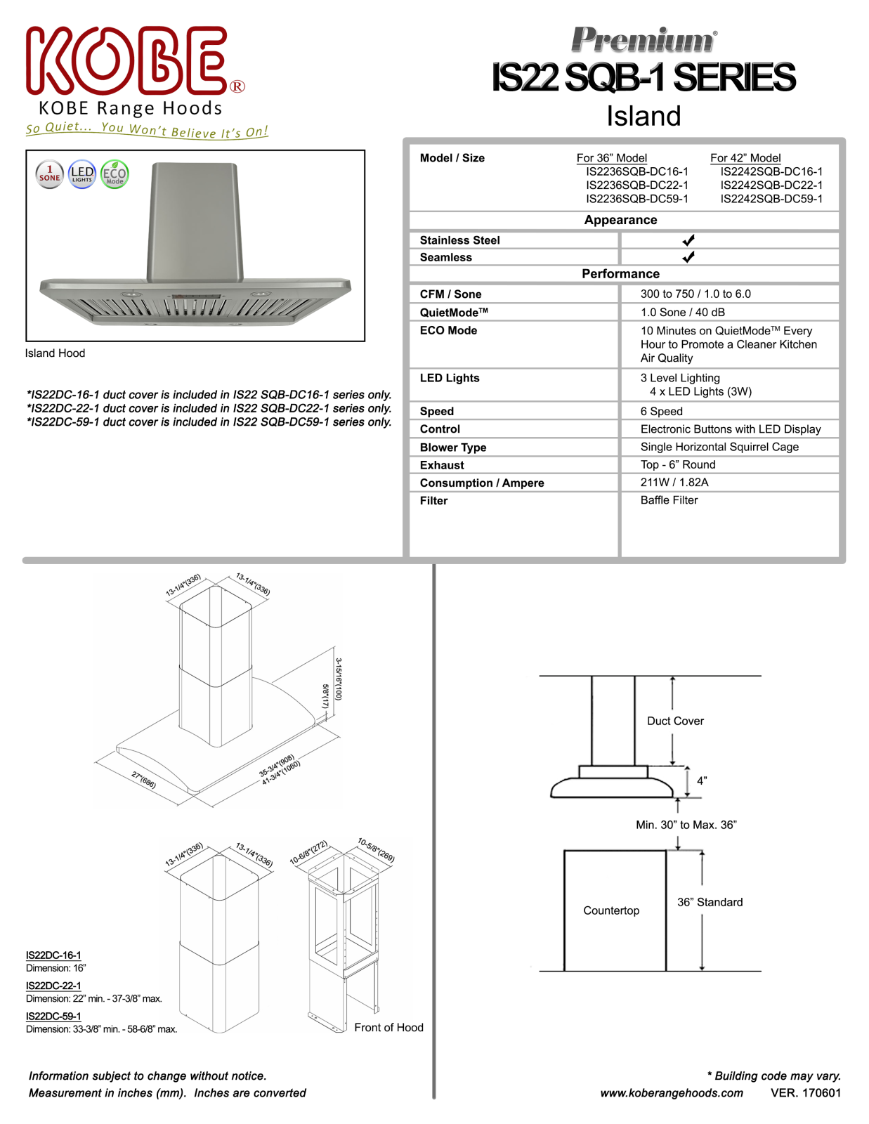 Kobe IS2236SQBDC591 Specifications