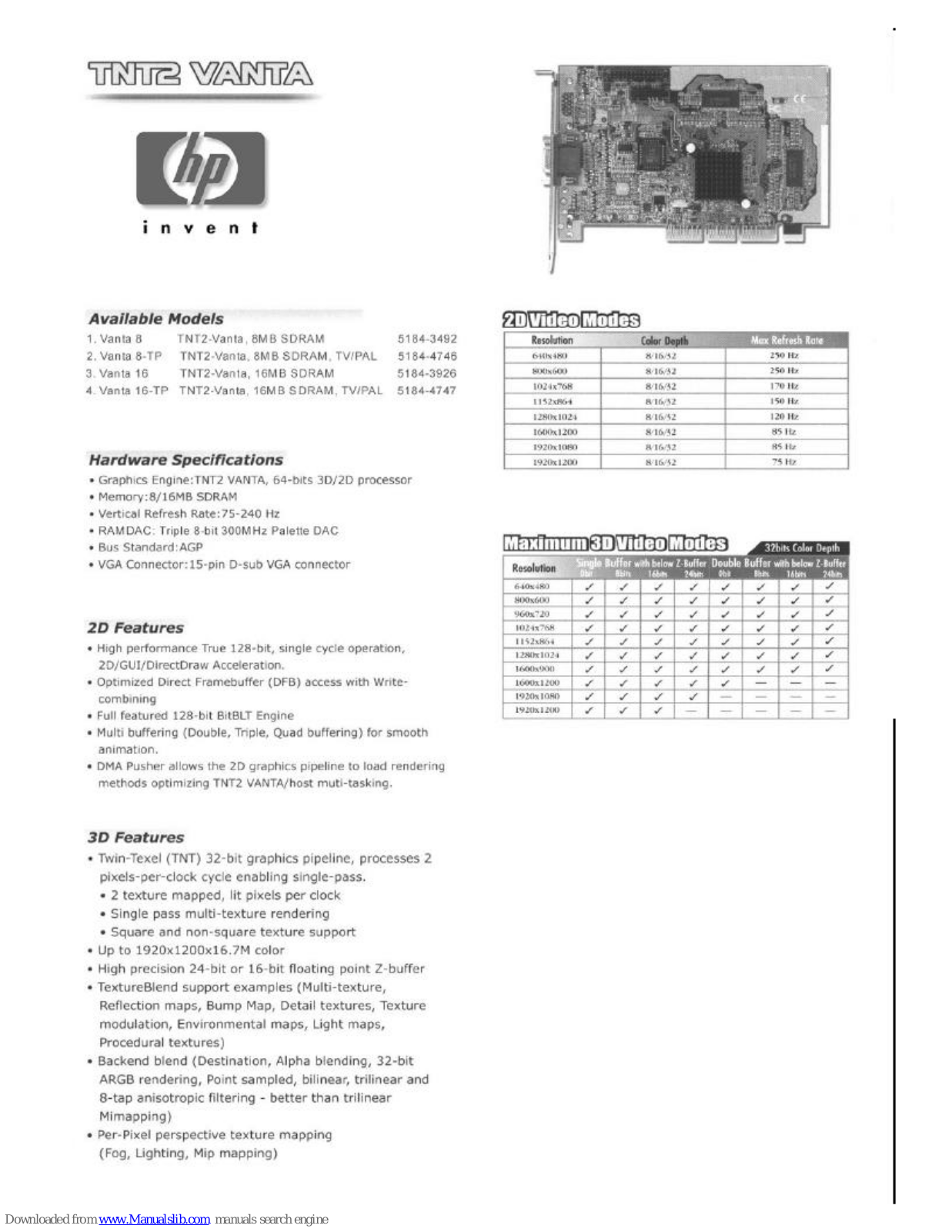 TNT2-VANTA Pavilion 4500 - Desktop PC, Pavilion 8600 - Desktop PC, VANTA 8, VANTA 8-TP, VANTA 16 Datasheet