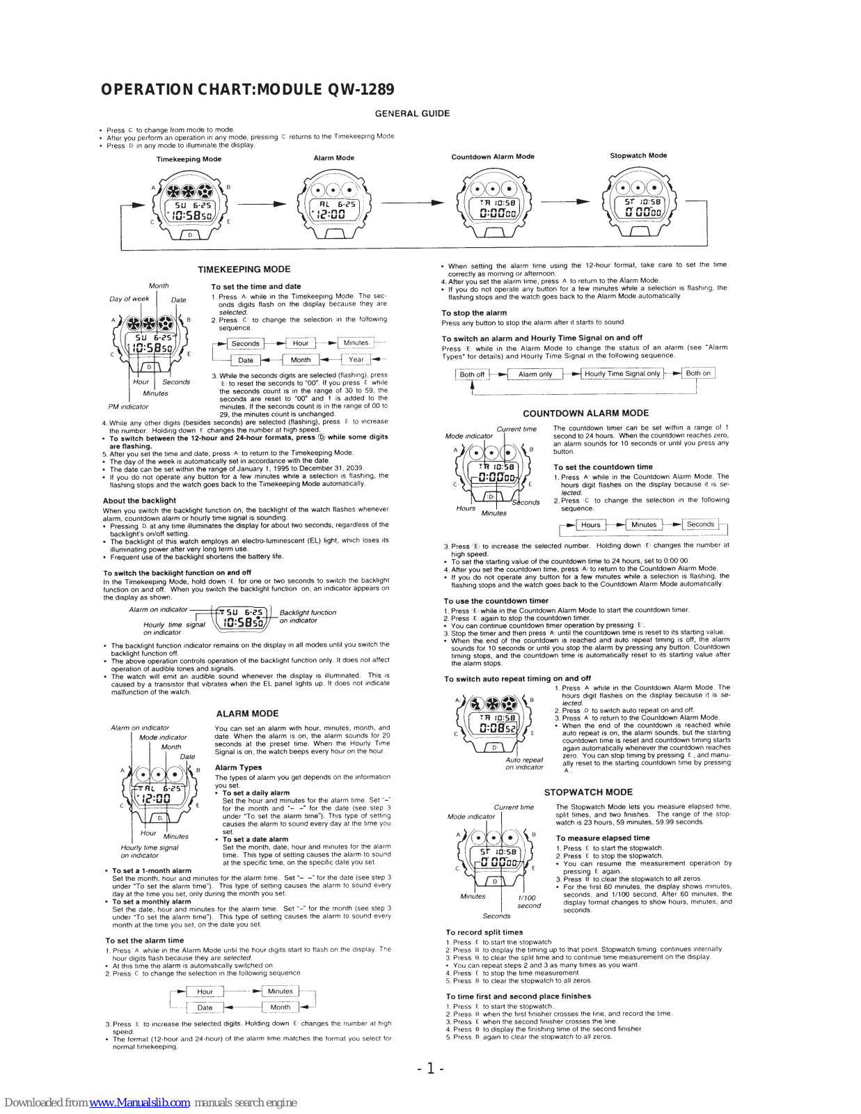 Casio QW-1289 Operation Chart