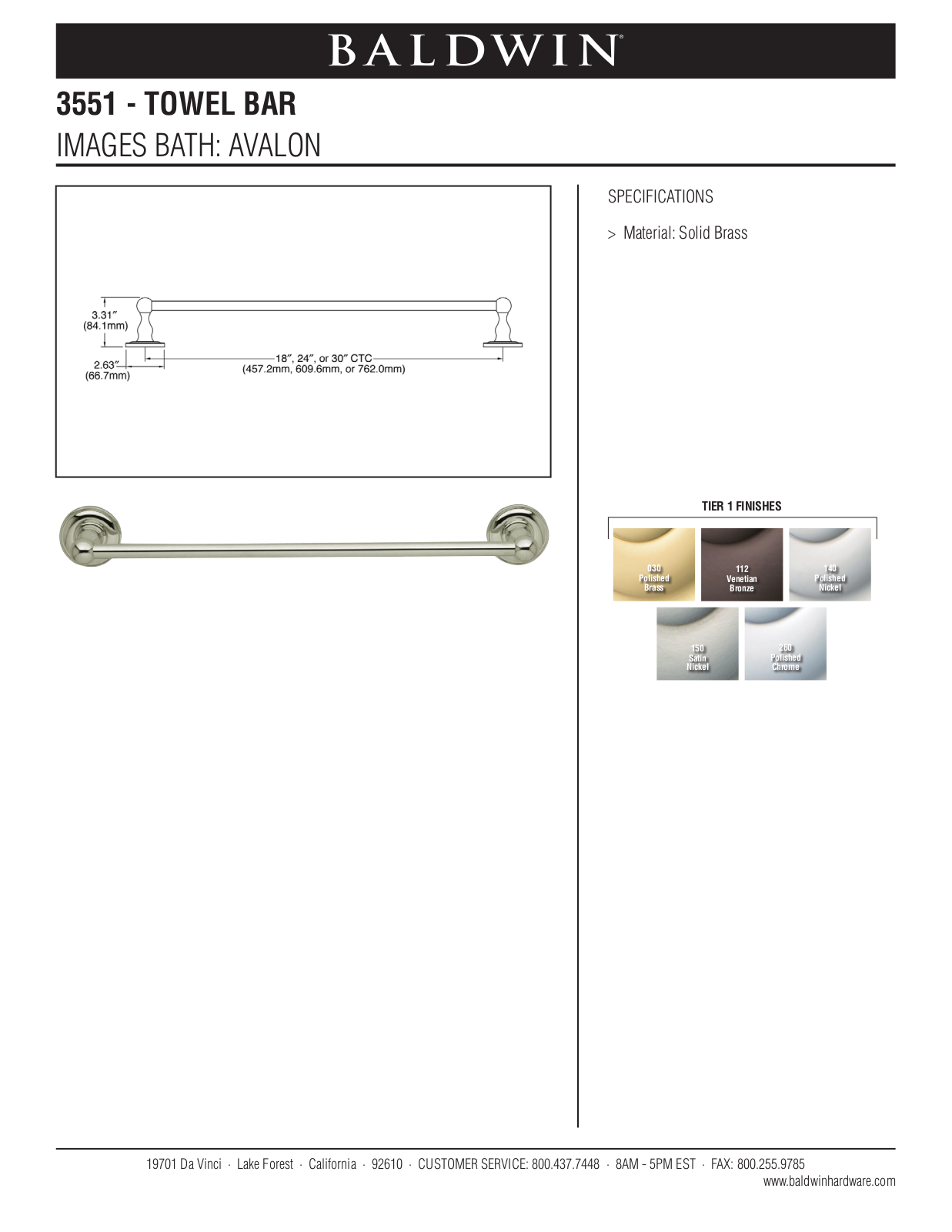 Baldwin Avalon 30 Towel Bar User Manual