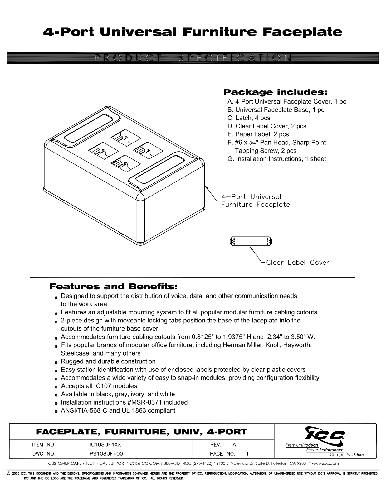 ICC IC108UF4BK, IC108UF4GY, IC108UF4IV, IC108UF4WH Specsheet