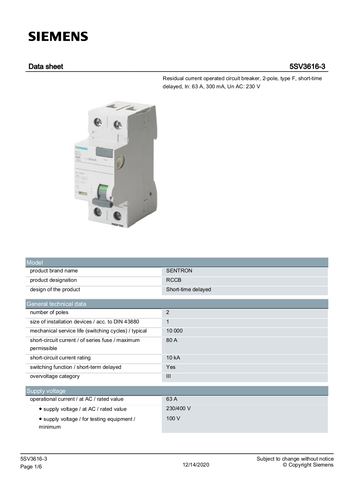Siemens 5SV3616-3 data sheet