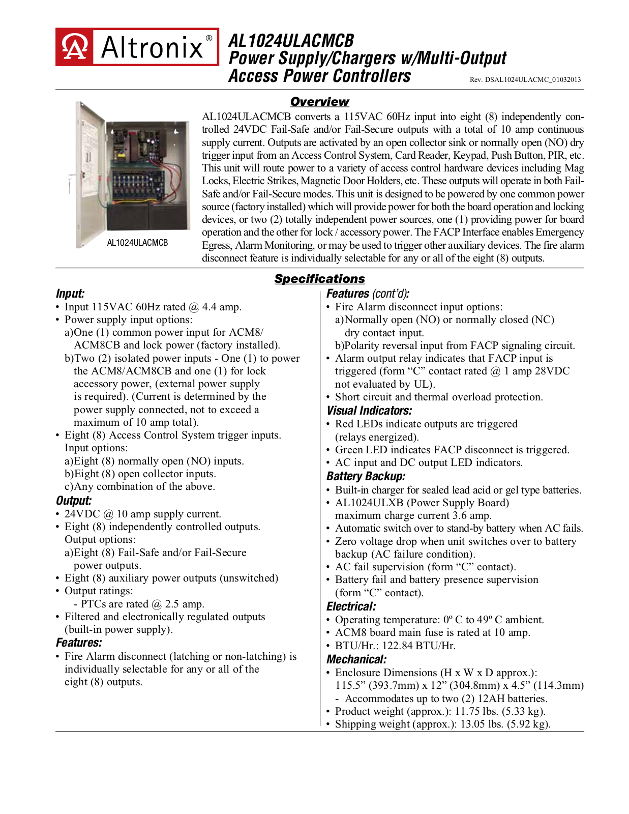 Altronix AL1024ULACMCB Specsheet