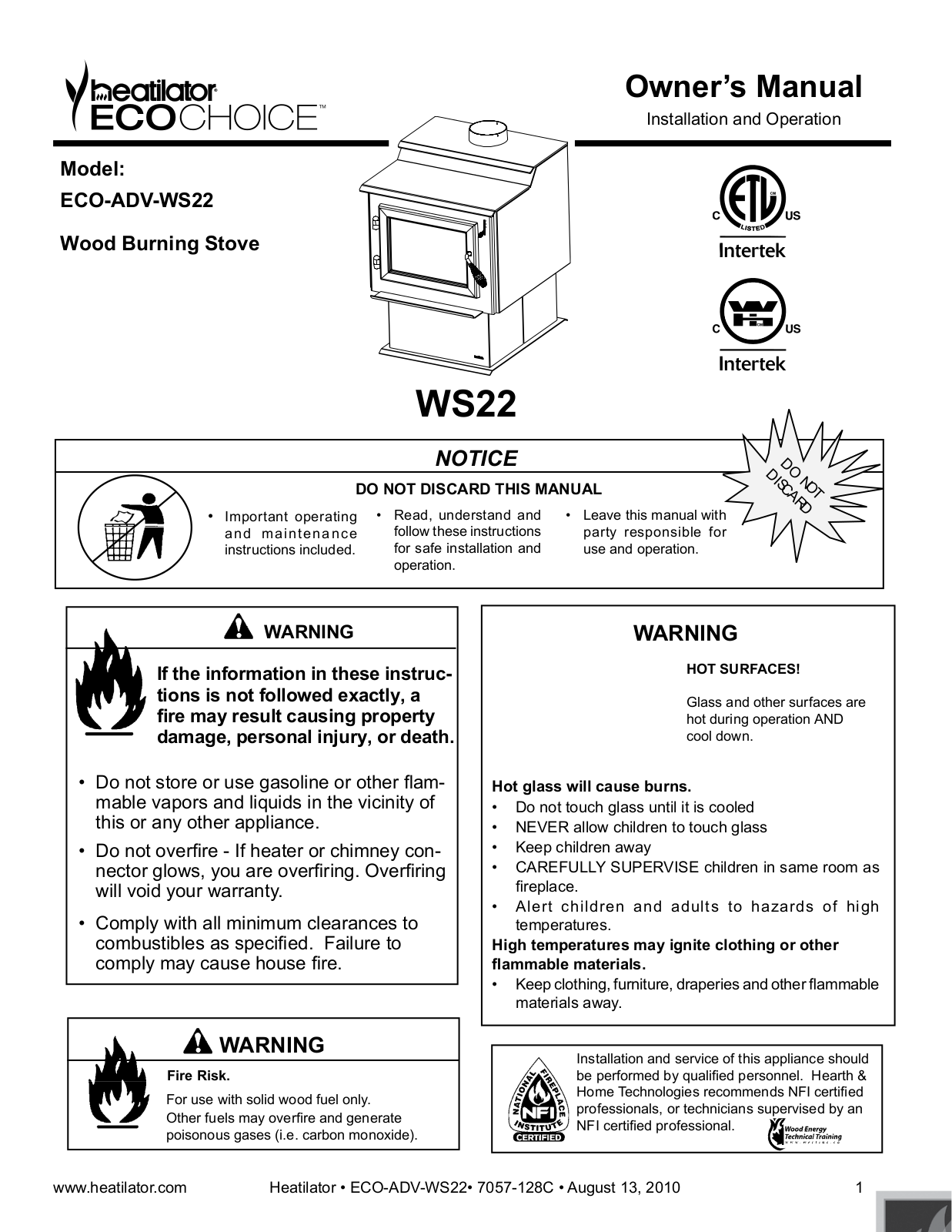 Heatiator ECO-ADV-WS22 User Manual