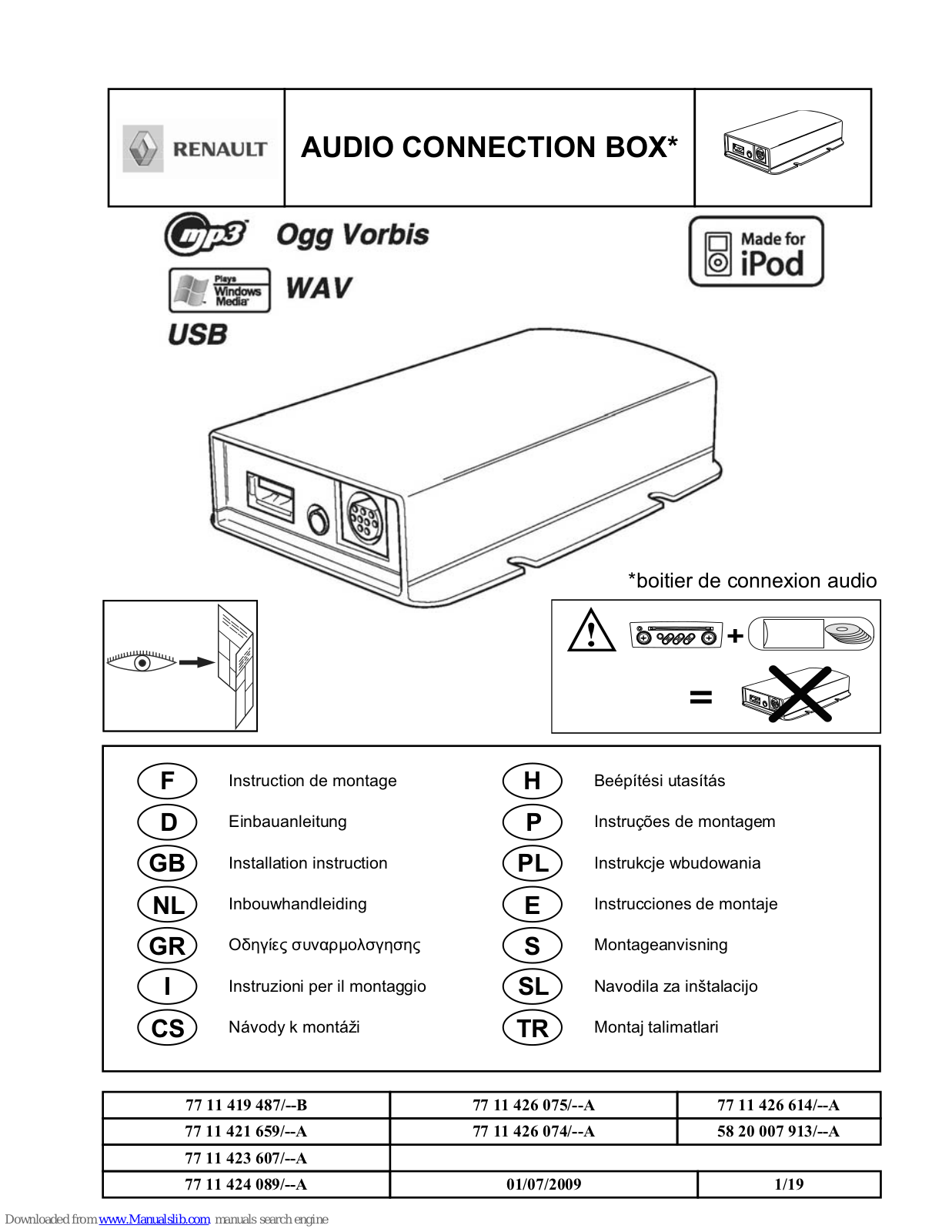 Renault AUDIO CONNECTION BOX Installation Instructions Manual