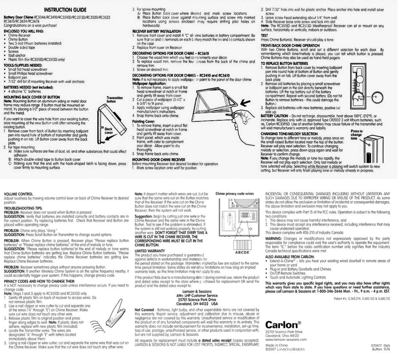 Carlon RC3676, RC3510D, RC 3346, RC3520, RC3410 User Manual