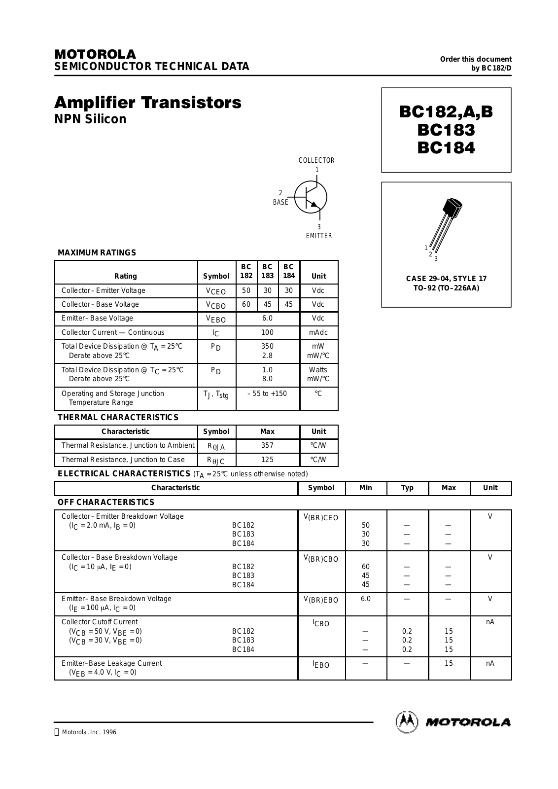 ON Semiconductor BC182B, BC182A, BC182, BC182BRL1 Datasheet