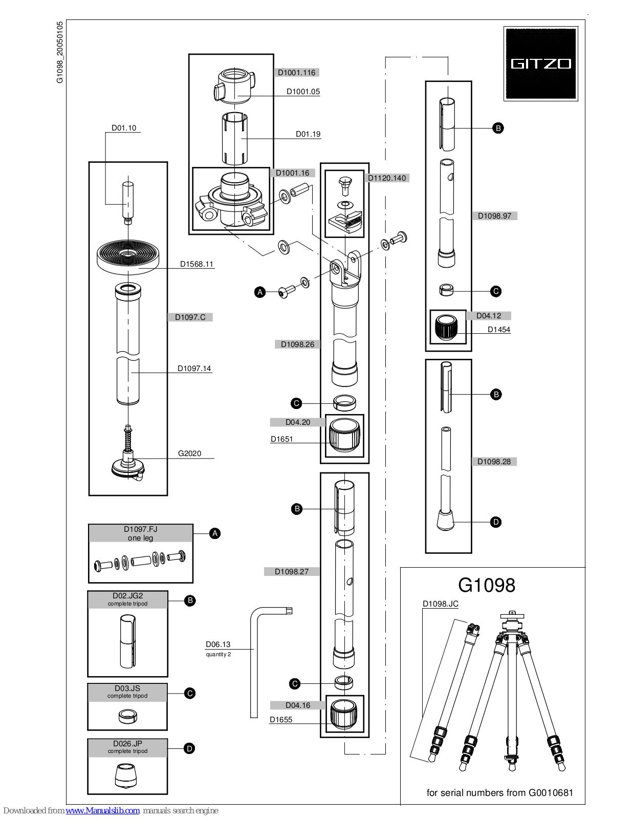 Gitzo Series 0 Basalt G1098, 0 G1098 Parts List