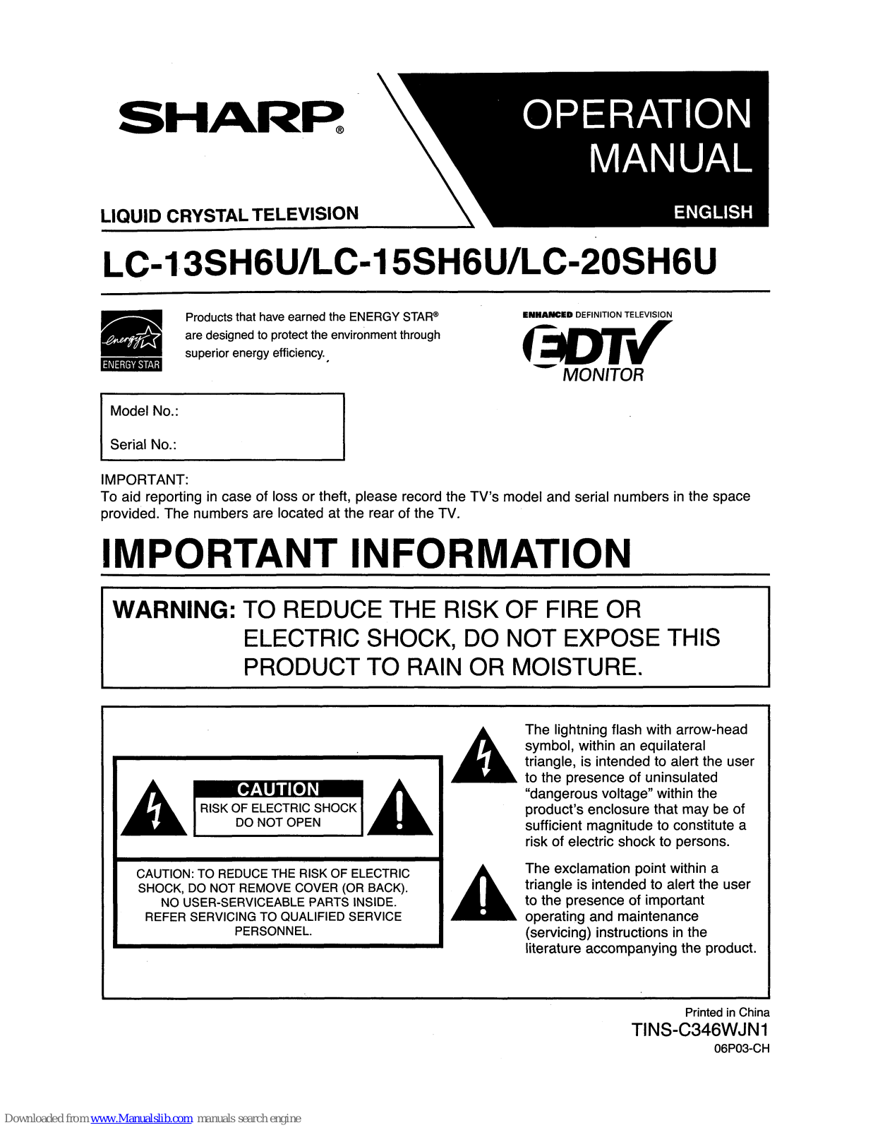 Sharp LC-20SH6U, LC-13SH6U, LC-16SH6U Operation Manual - ManualMachine.com