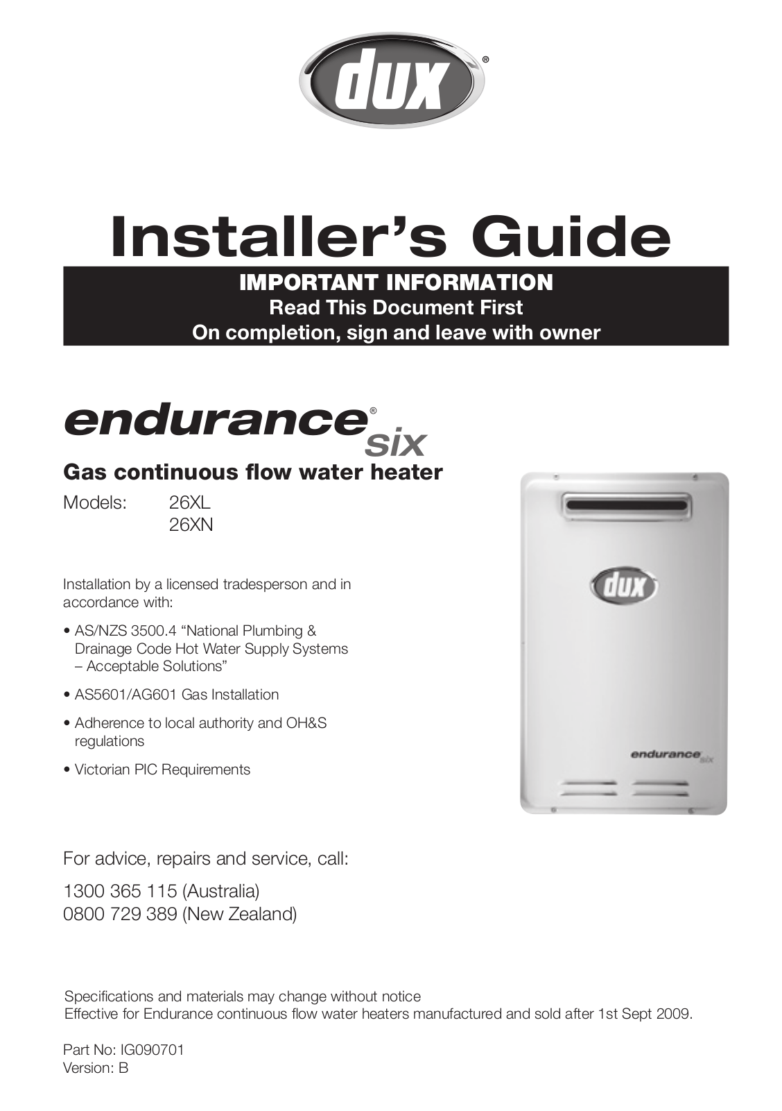 Dux 26XL, 26XN, Endurance Six 26XL, Endurance Six 26XN Installer's Manual