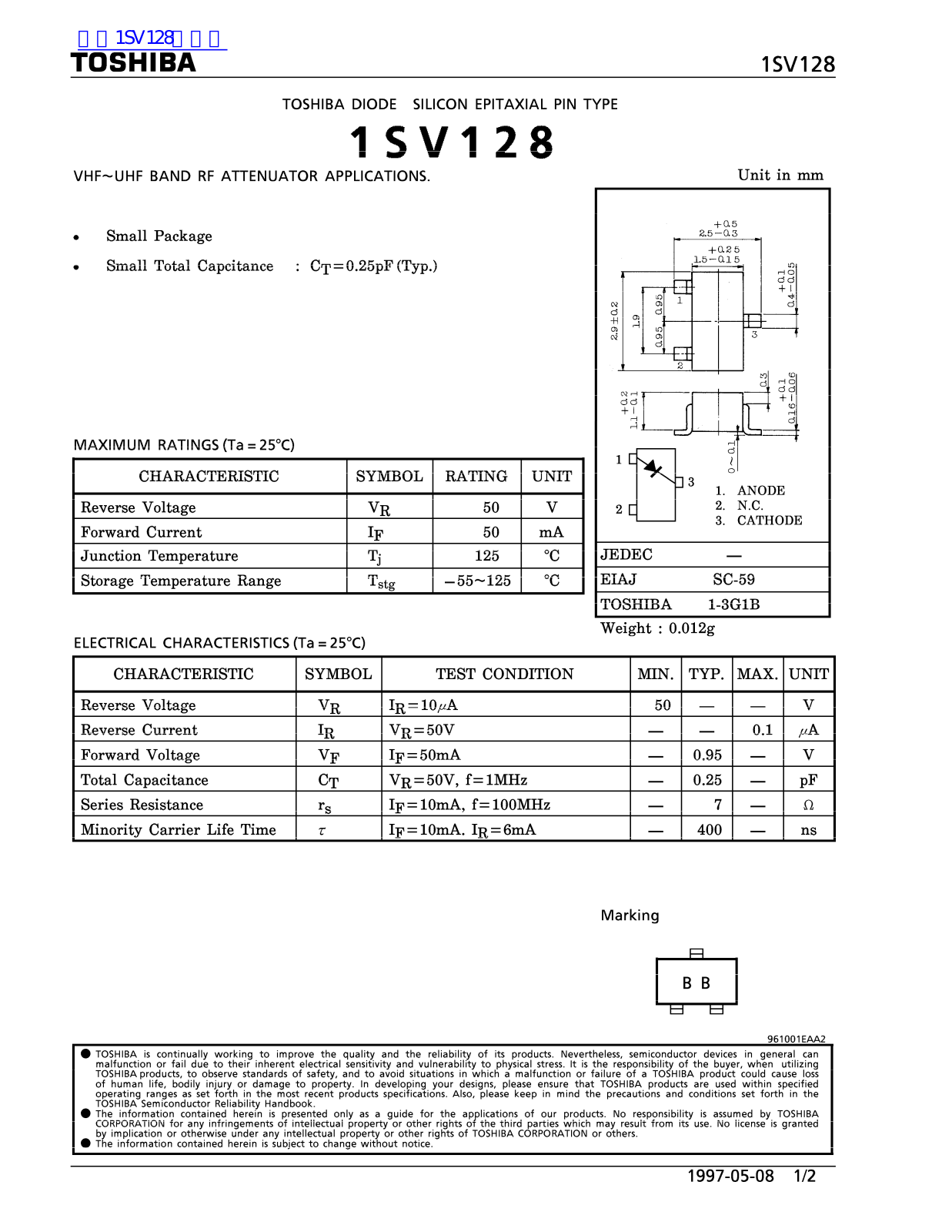 TOSHIBA 1SV128 Technical data