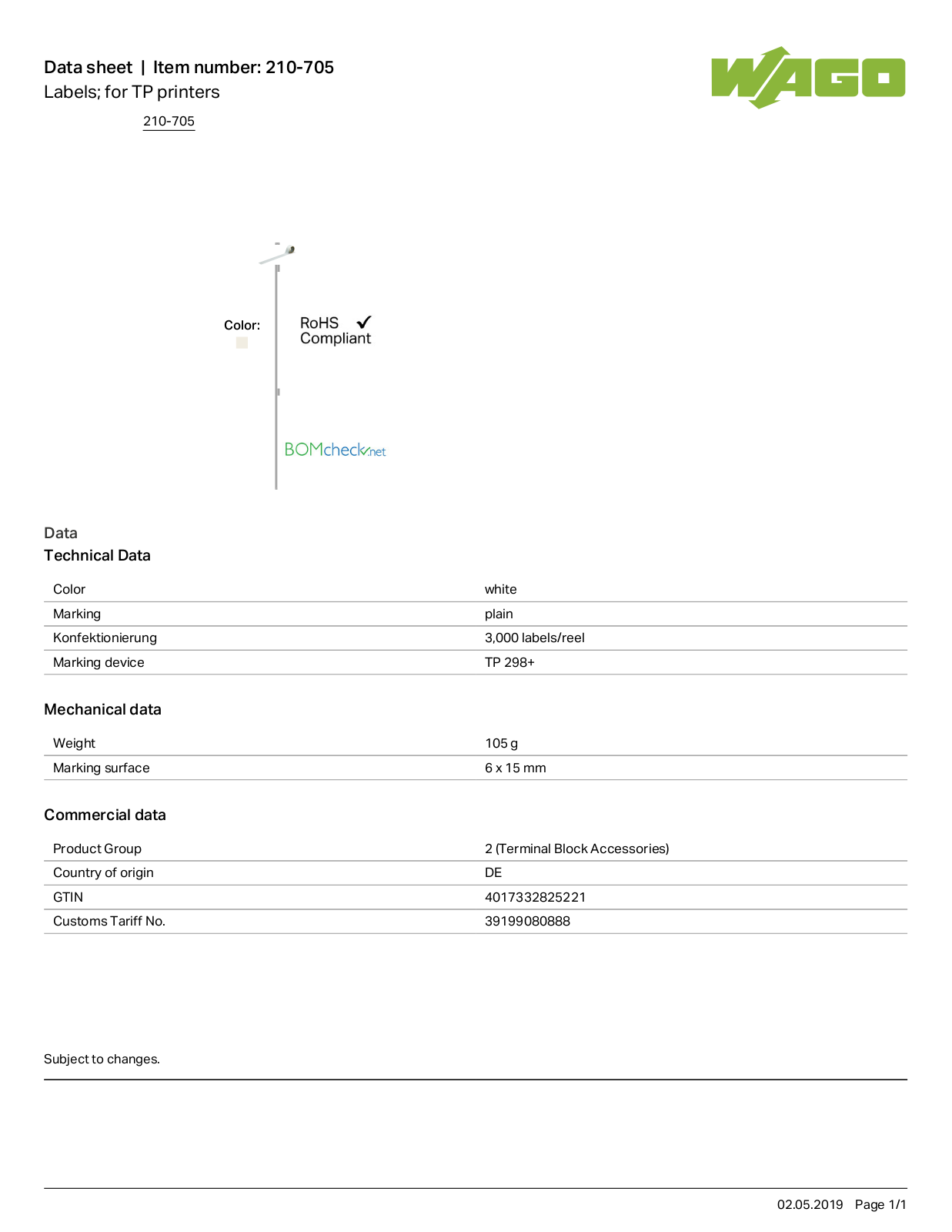 Wago 210-705 Data Sheet