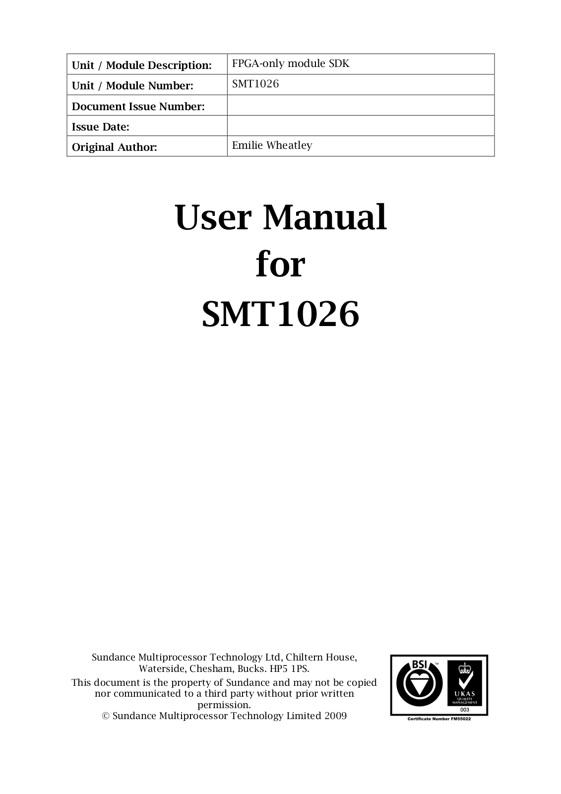 Sundance SMT1026 User Manual