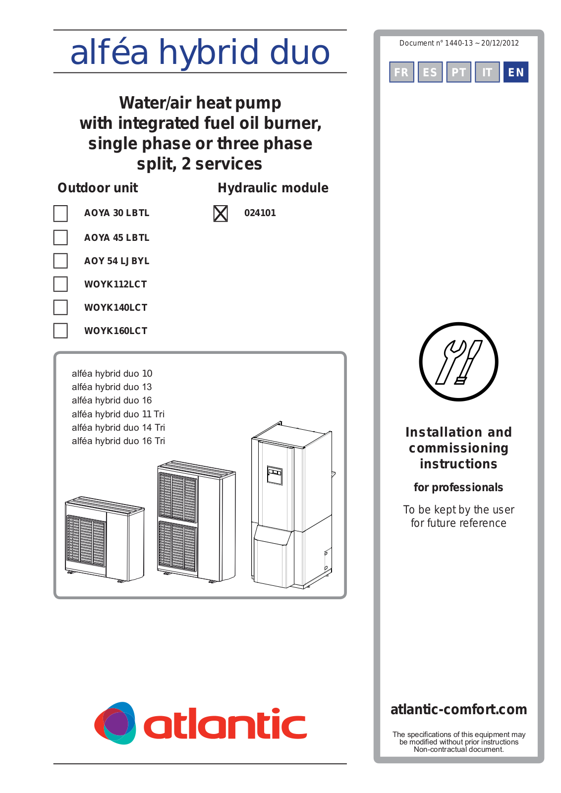 Atlantic AOYA 30 LBTL, AOYA 45 LBTL, AOY 54 LJBYL, WOYK112LCT, WOYK140LCT Installation And Commissioning Instructions