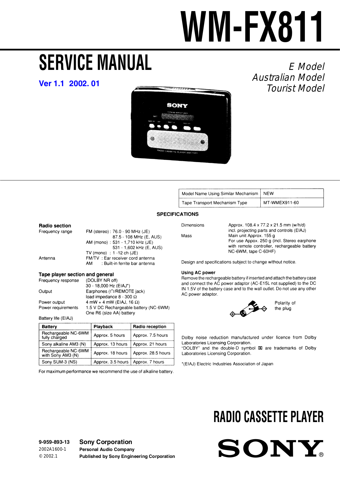 Sony WM-FX811 Service manual