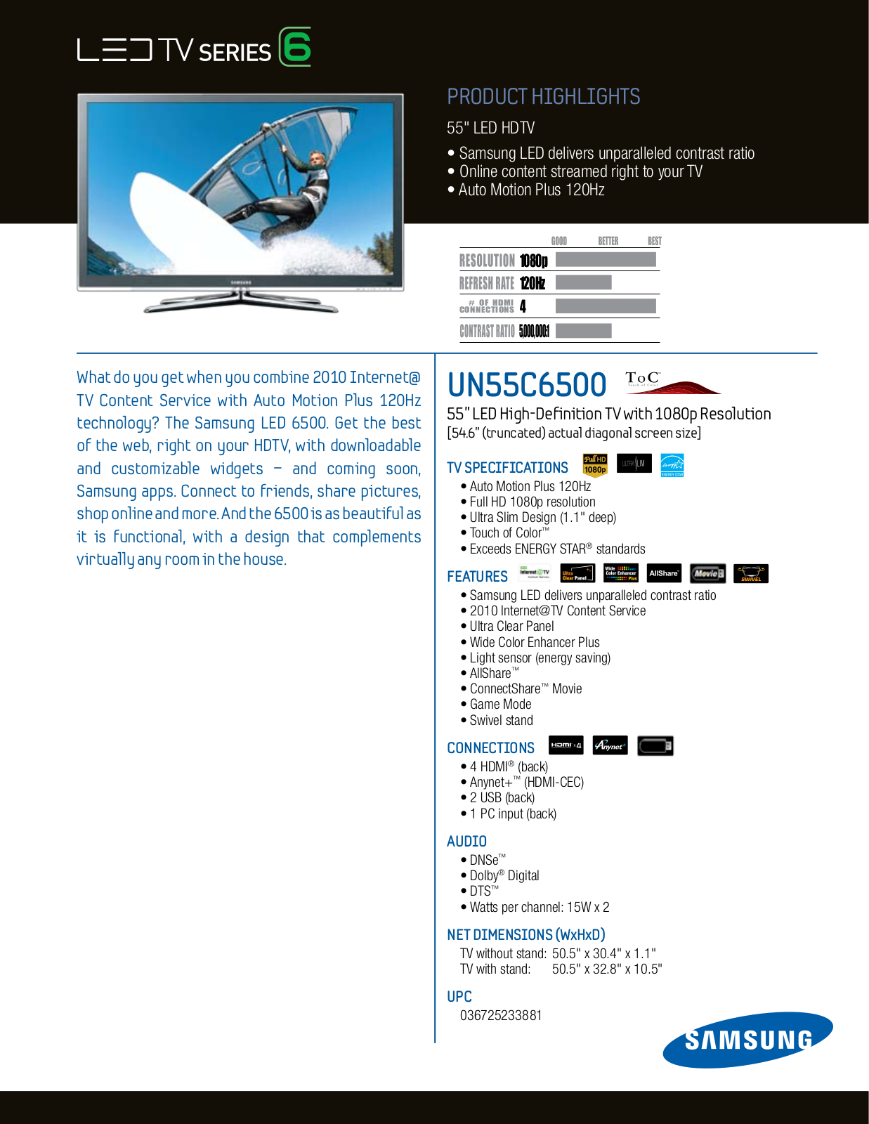 Samsung UN55C6500 Specifications