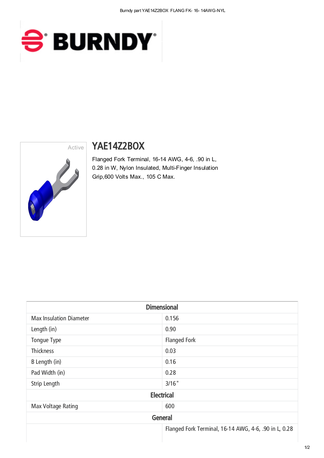 Burndy YAE14Z2BOX Data Sheet