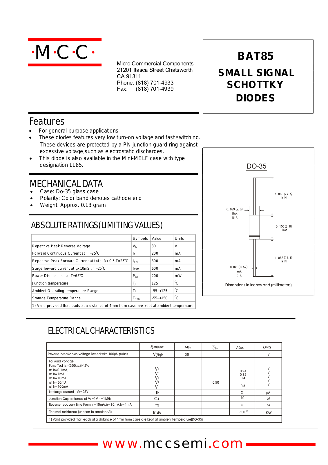 MCC BAT85 Datasheet