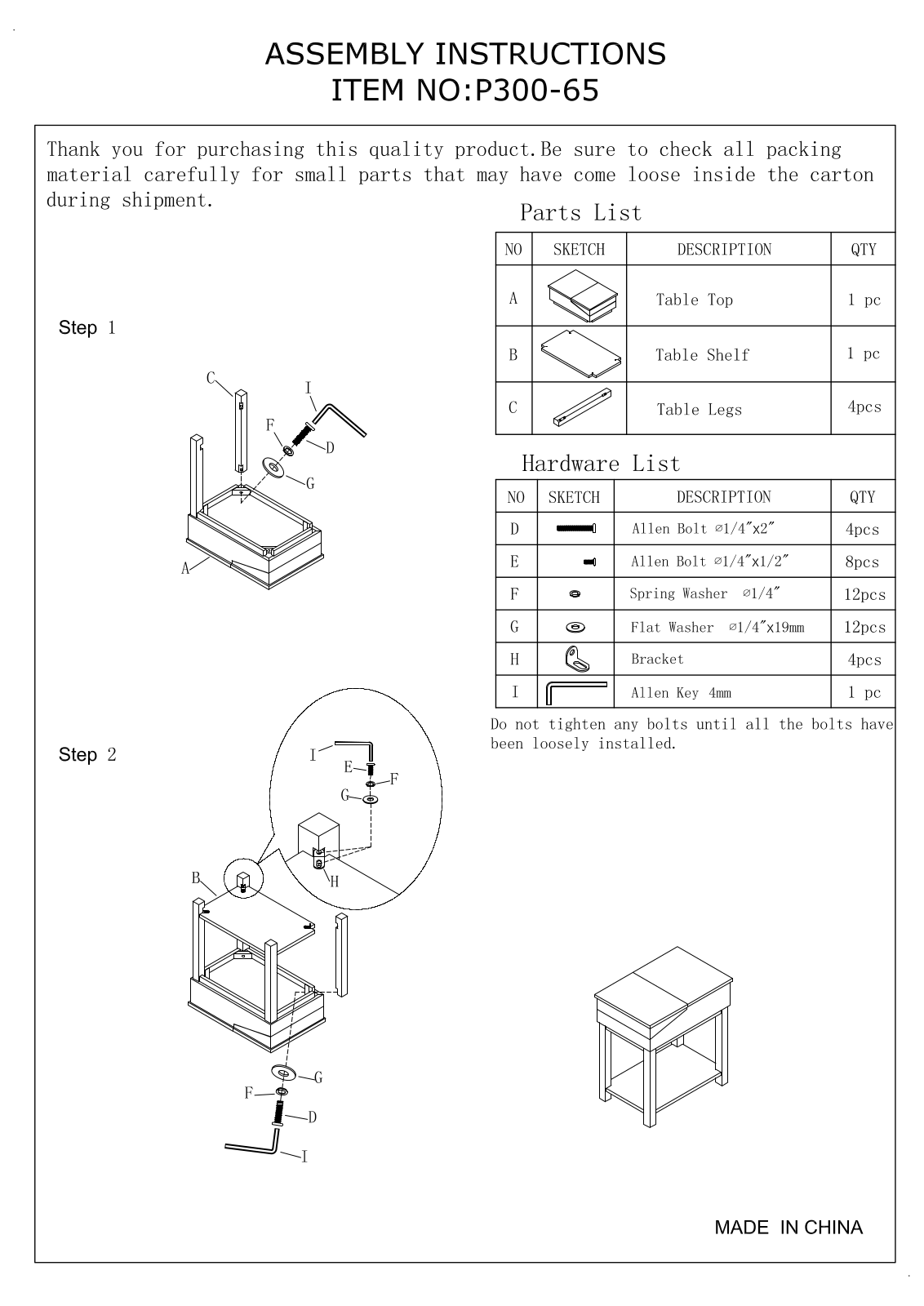 Progressive Furniture P30065 Assembly Guide