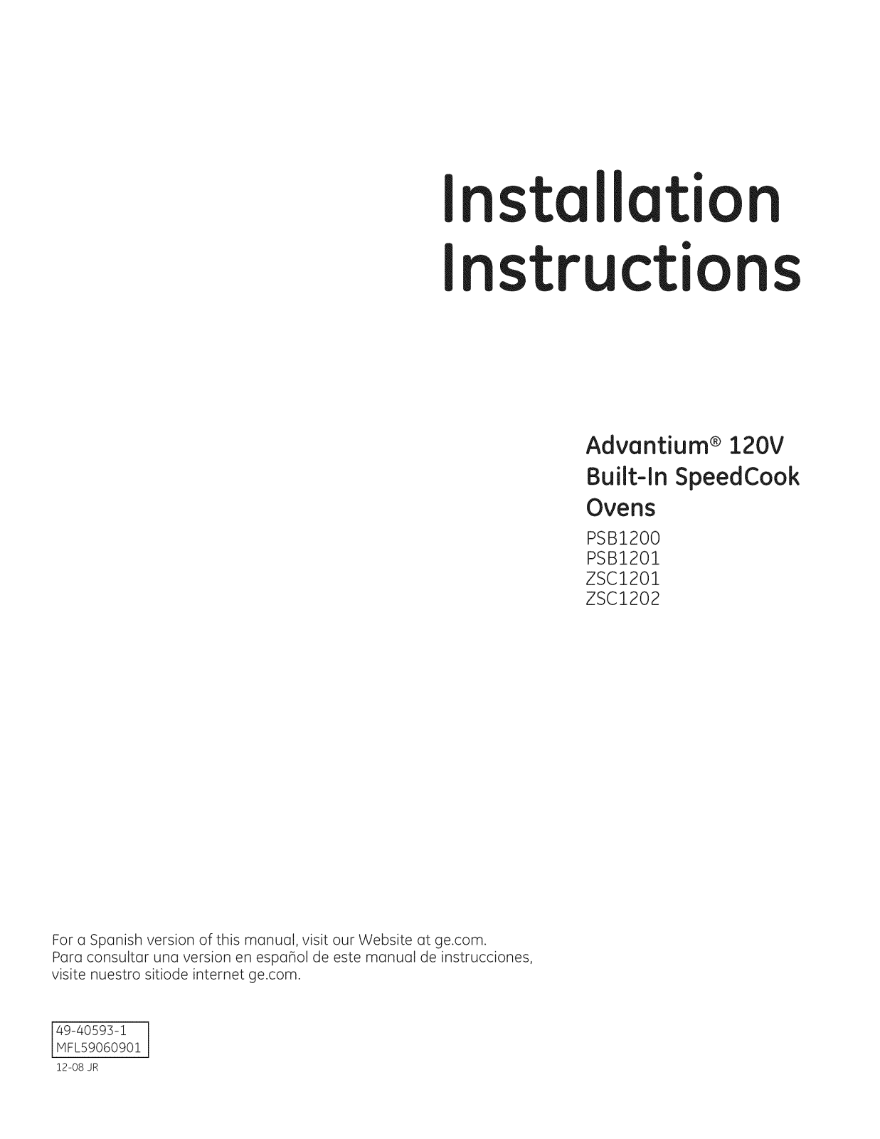 GE PSB1200NBB01, PSB1200NWW01, PSB1201NSS01, ZSC1201NSS01, ZSC1202NSS01 Installation Guide - ManualMachine.com