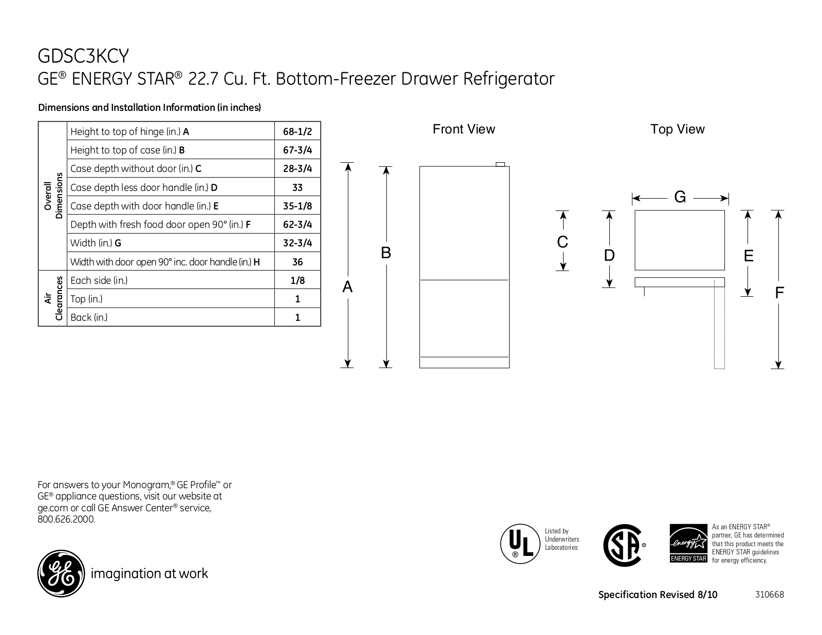 General Electric GDSC3KCYBB Specifications