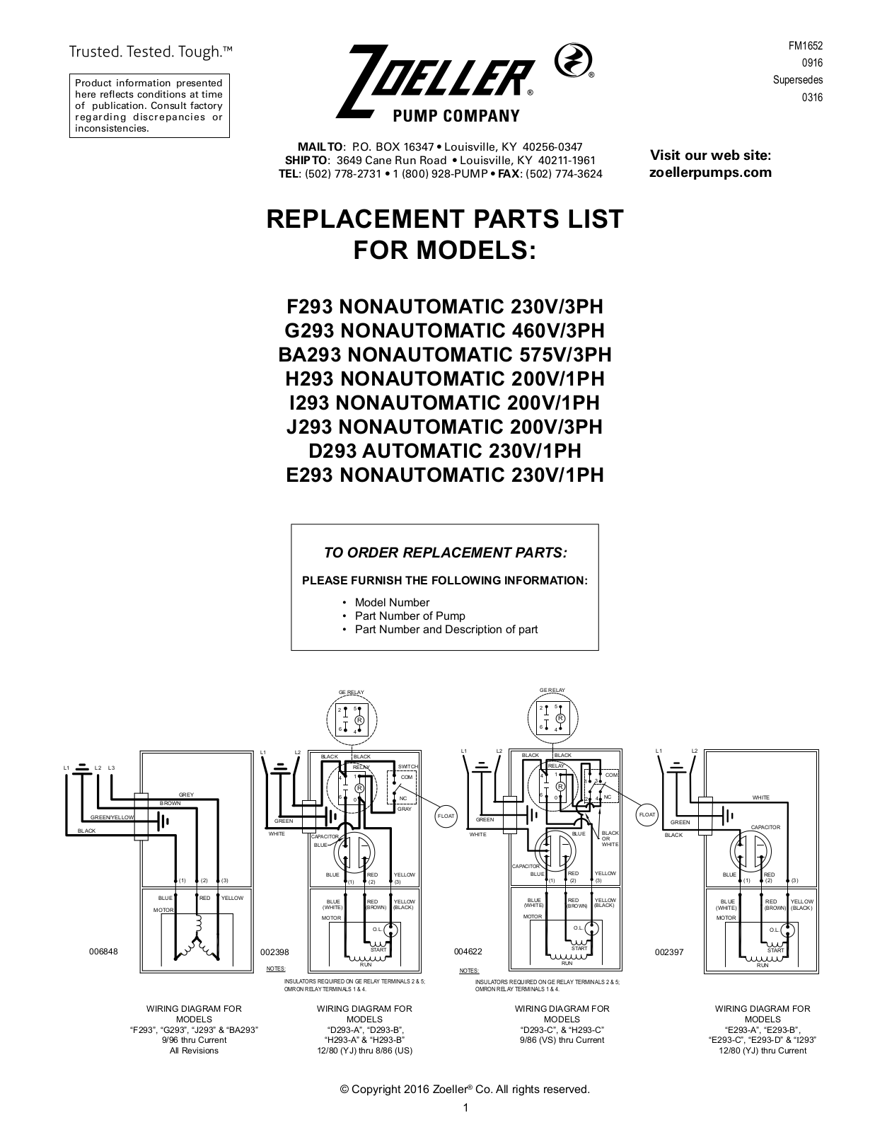 zoeller F293, G293, BA293, H293, I293 User Manual